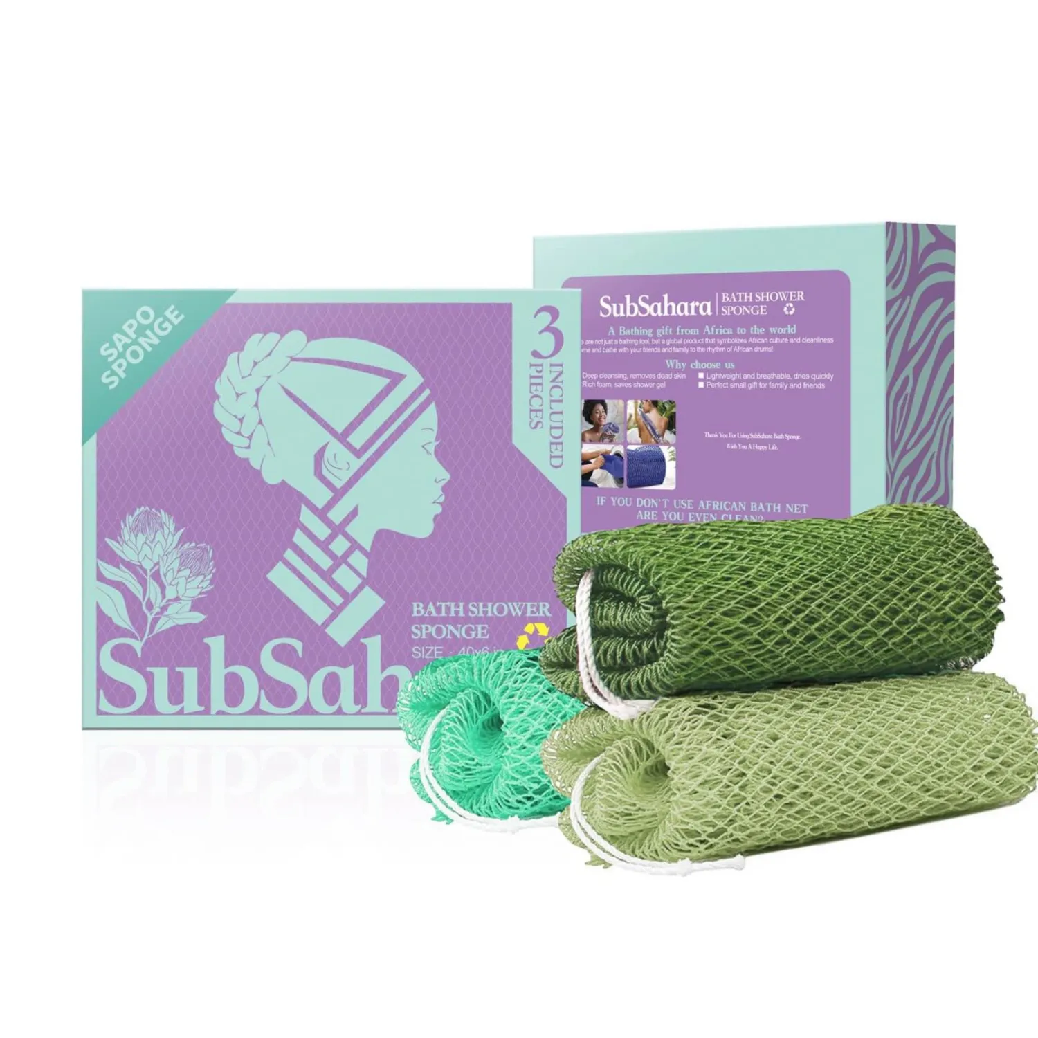 SubSahara Authentic African Net Sponge - 3 Pack Exfoliating Bath & Shower Loofah Sponge for Body & Face, Gentle Scrubber for All Skin Types, Travel, Durable