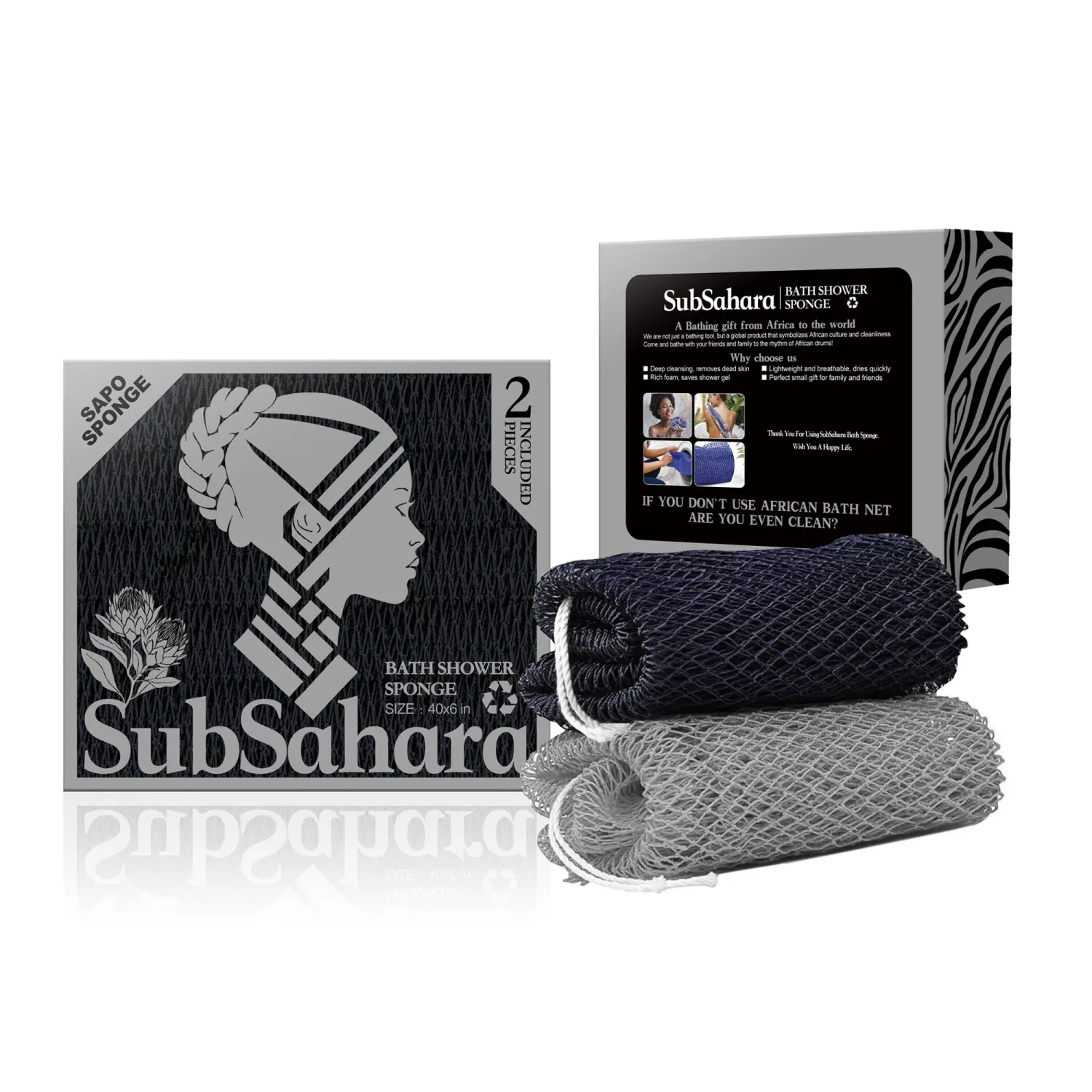 SubSahara Authentic African Net Sponge - 2 Pack Exfoliating Bath & Shower Loofah Sponge for Body & Face, Gentle Scrubber for All Skin Types, Travel, Durable (Black & Grey)