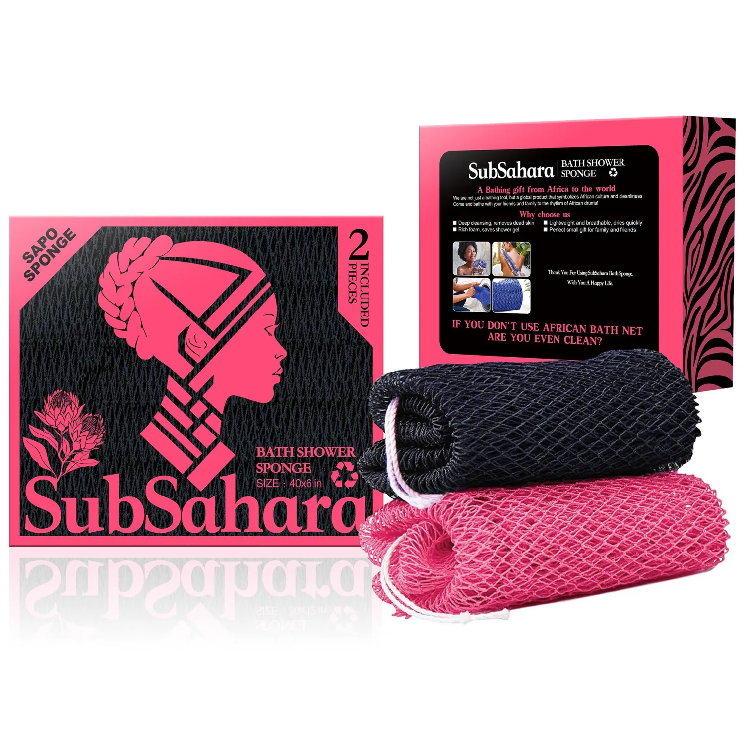 SubSahara Authentic African Net Sponge - 2 Pack Exfoliating Bath & Shower Loofah Sponge for Body & Face, Gentle Scrubber for All Skin Types, Travel, Durable (Black & Pink)
