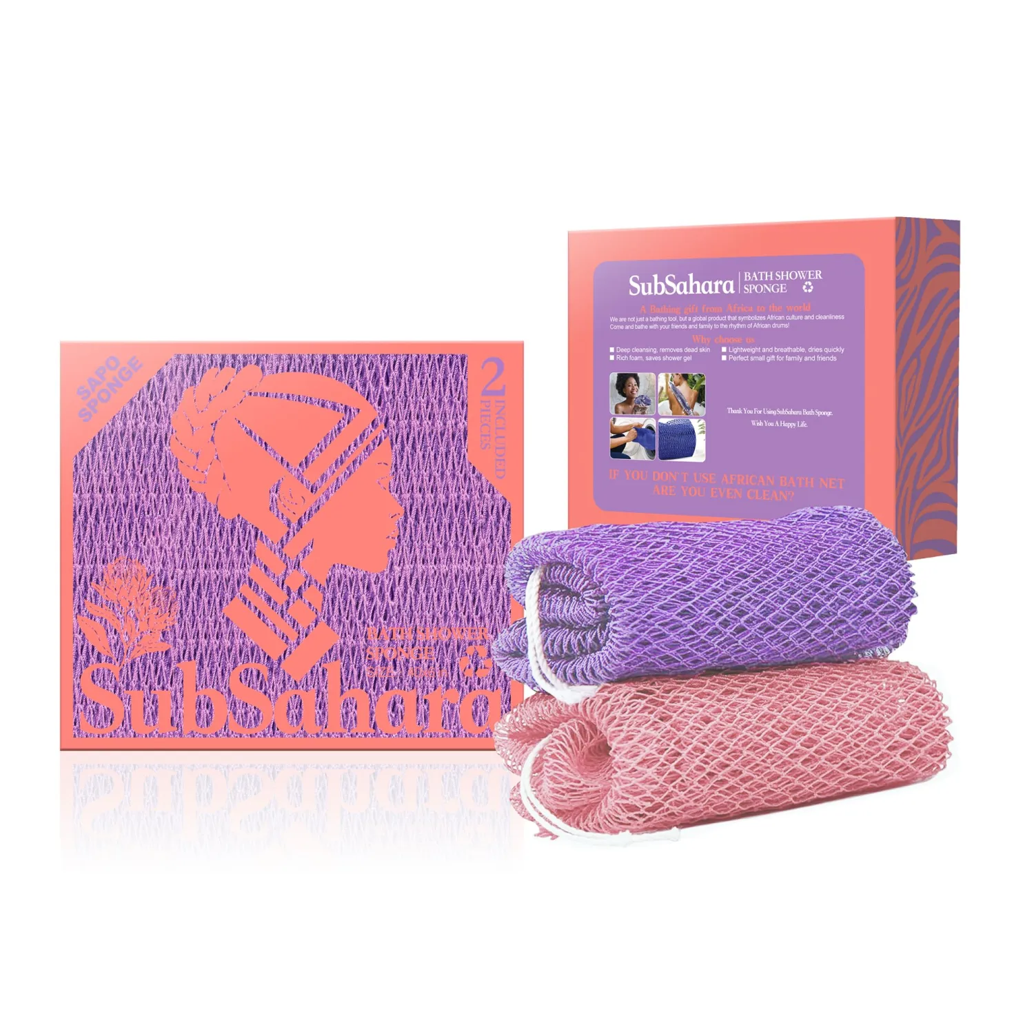 SubSahara Authentic African Net Sponge - 2 Pack Exfoliating Bath & Shower Loofah Sponge for Body & Face, Gentle Scrubber for All Skin Types, Travel, Durable (Blush Pink & Lavender Purple)