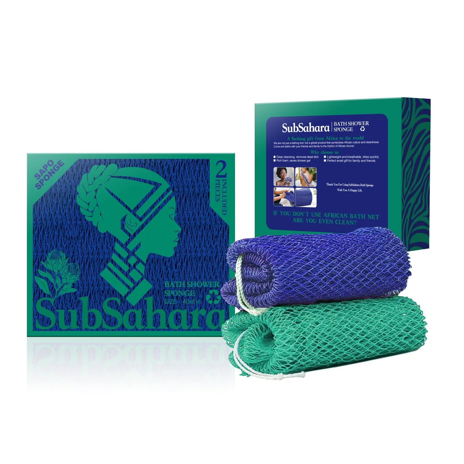 SubSahara Authentic African Net Sponge - 2 Pack Exfoliating Bath & Shower Loofah Sponge for Body & Face, Gentle Scrubber for All Skin Types, Travel, Durable (Dark Blue & Forest Green)