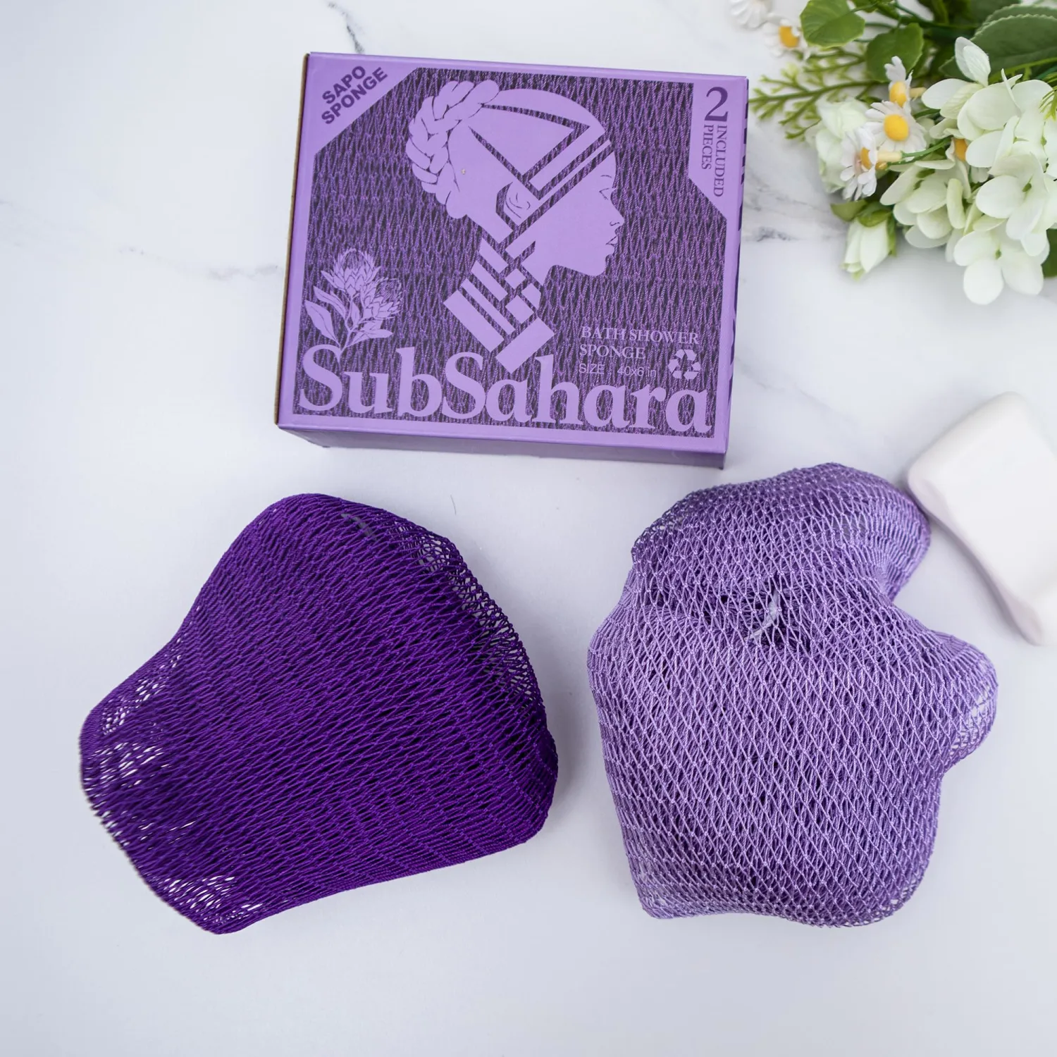 SubSahara Authentic African Net Sponge - 2 Pack Exfoliating Bath & Shower Loofah Sponge for Body & Face, Gentle Scrubber for All Skin Types, Travel, Durable (Deep Purple & Iavender Purple)