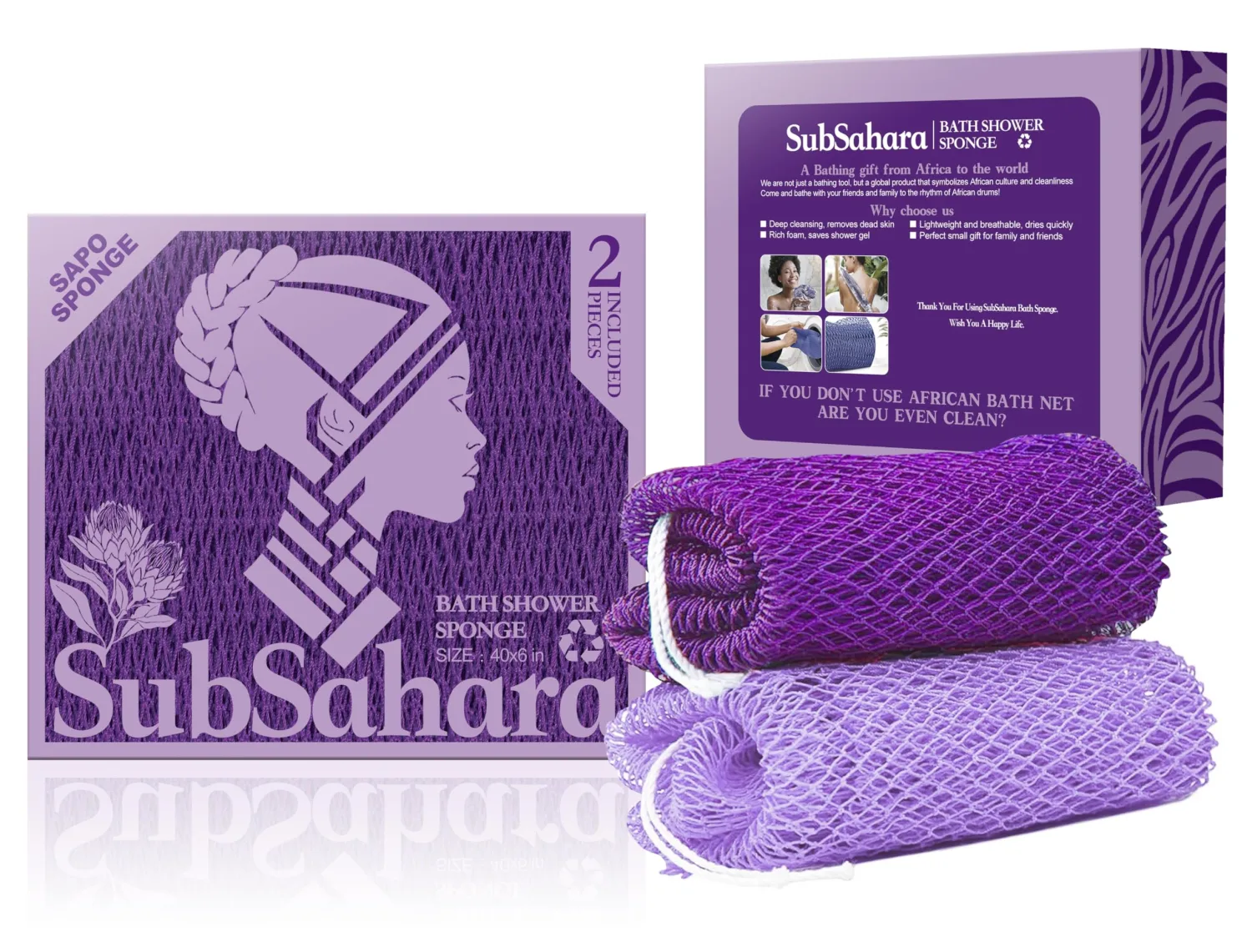 SubSahara Authentic African Net Sponge - 2 Pack Exfoliating Bath & Shower Loofah Sponge for Body & Face, Gentle Scrubber for All Skin Types, Travel, Durable (Deep Purple & Iavender Purple)