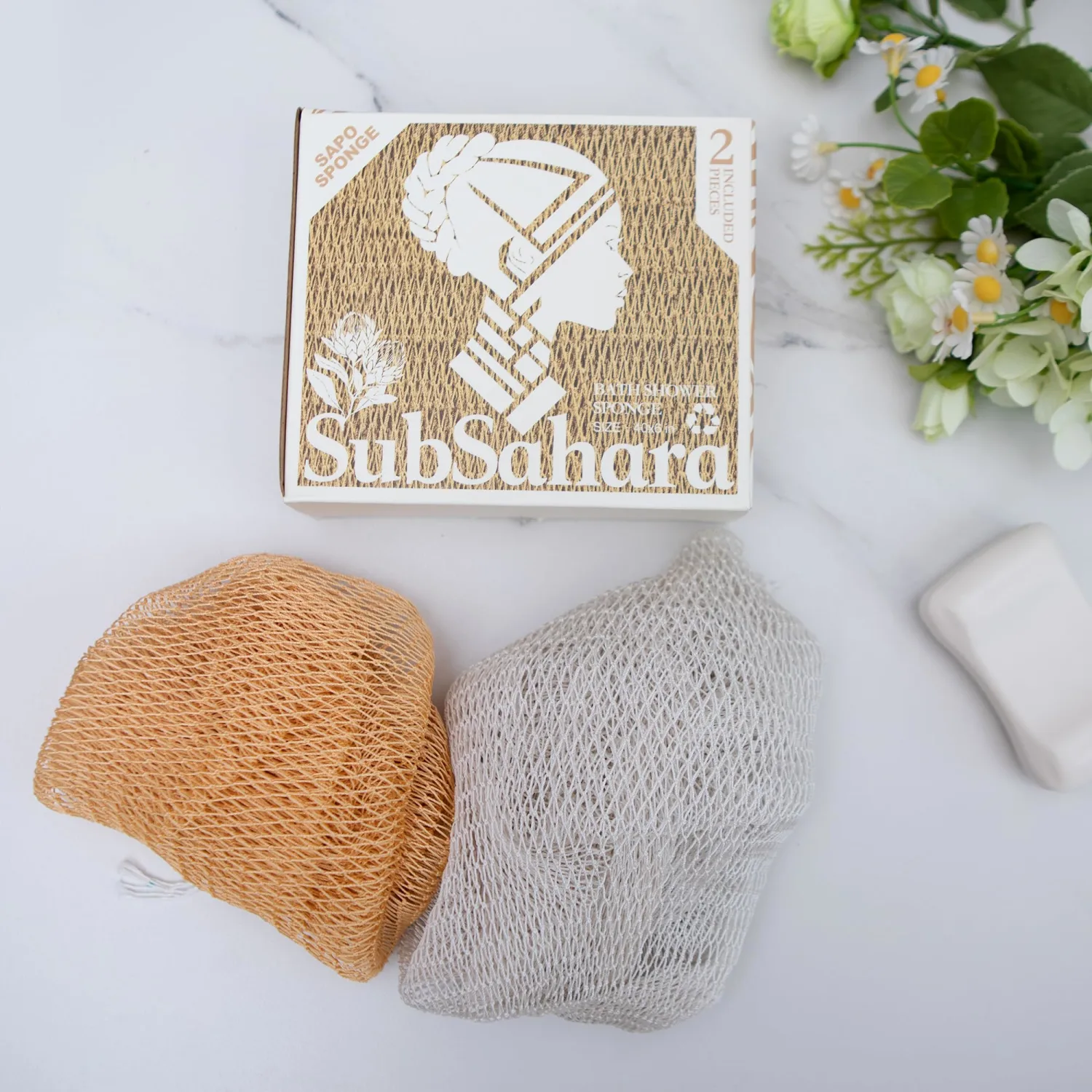 SubSahara Authentic African Net Sponge - 2 Pack Exfoliating Bath & Shower Loofah Sponge for Body & Face, Gentle Scrubber for All Skin Types, Travel, Durable