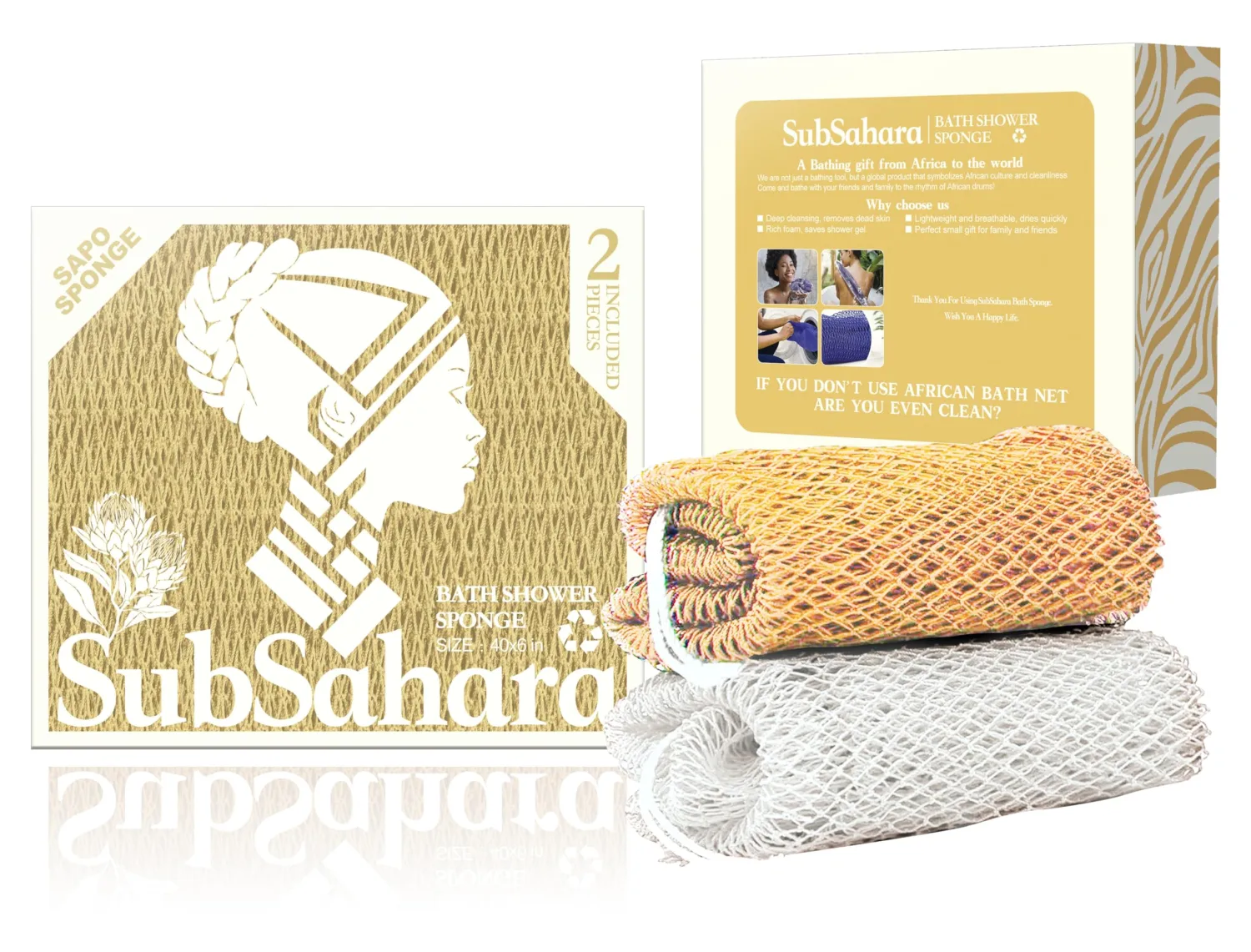 SubSahara Authentic African Net Sponge - 2 Pack Exfoliating Bath & Shower Loofah Sponge for Body & Face, Gentle Scrubber for All Skin Types, Travel, Durable
