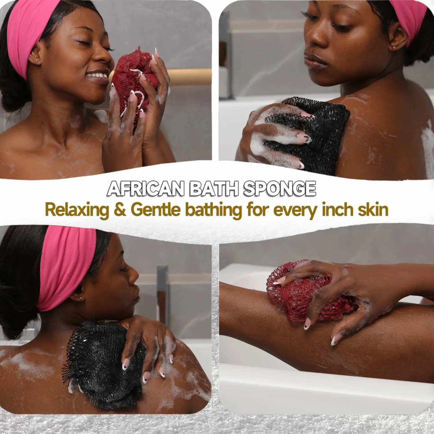 SubSahara Authentic African Net Sponge - 2 Pack Exfoliating Bath & Shower Loofah Sponge for Body & Face, Gentle Scrubber for All Skin Types, Travel, Durable (Gray & Rust Red)