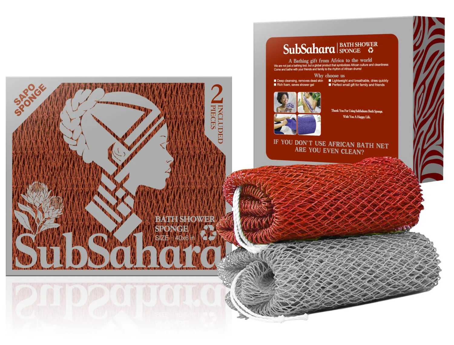 SubSahara Authentic African Net Sponge - 2 Pack Exfoliating Bath & Shower Loofah Sponge for Body & Face, Gentle Scrubber for All Skin Types, Travel, Durable (Gray & Rust Red)