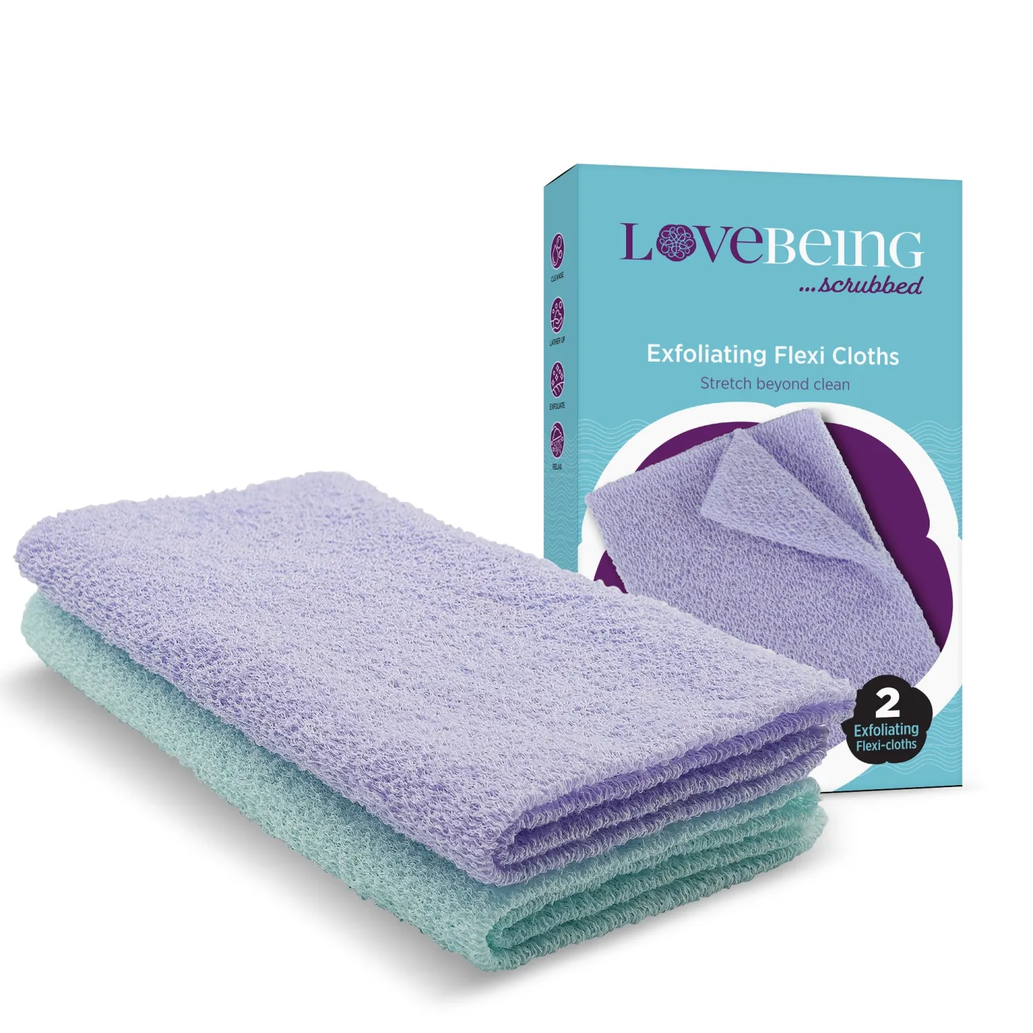 Love Being Scrubbed Exfoliating Flexi Cloths, Stretchy Back Scrubber for Shower & Bath, Exfoliating Body Scrubber for Smooth Skin, Body Scrubber for Men & Women (2 Count, Assorted Colors)