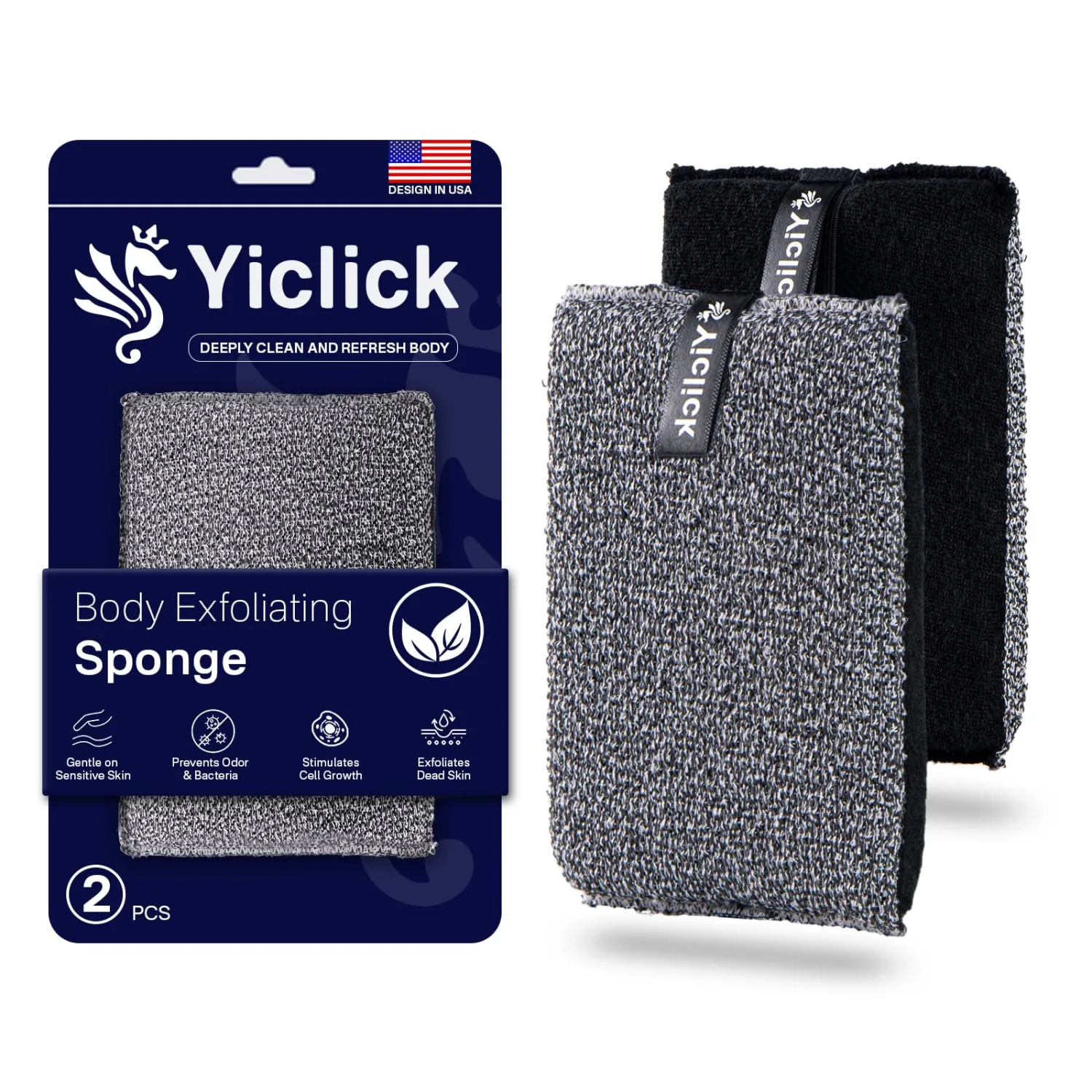 Yiclick Exfoliating Body Scrubber (2 Pack), Body Exfoliator Scrubber, Exfoliating Sponge for Shower Bath, Shower Loofah Luffa Lufa with Handle for Men Women, Dead Skin Exfoliator for Body Scrub