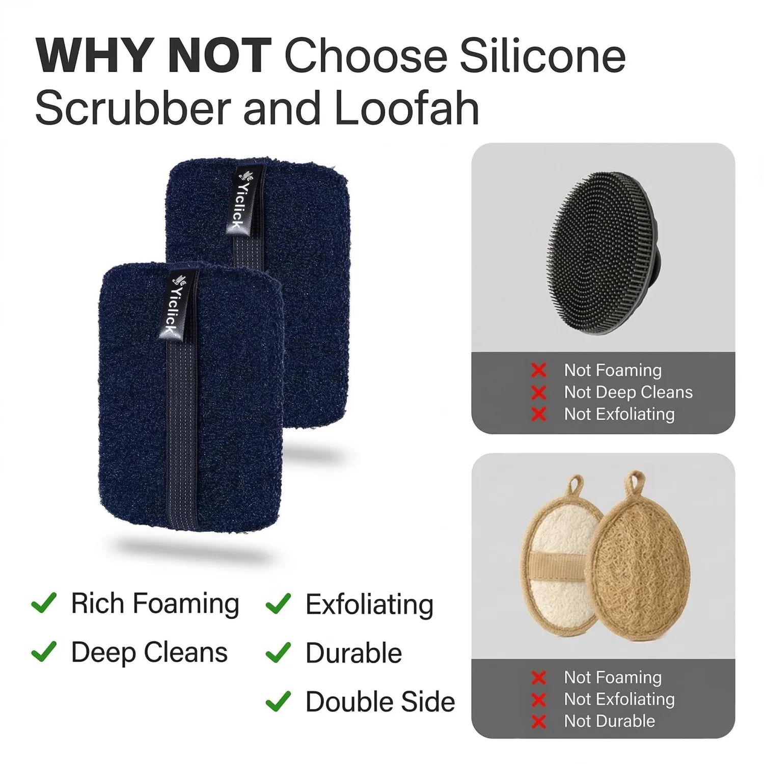 Yiclick Exfoliating Body Scrubber (2 Pack), Body Exfoliator Scrubber, Exfoliating Sponge for Shower Bath, Shower Loofah Luffa Lufa with Handle for Men Women, Dead Skin Exfoliator for Body Scrub