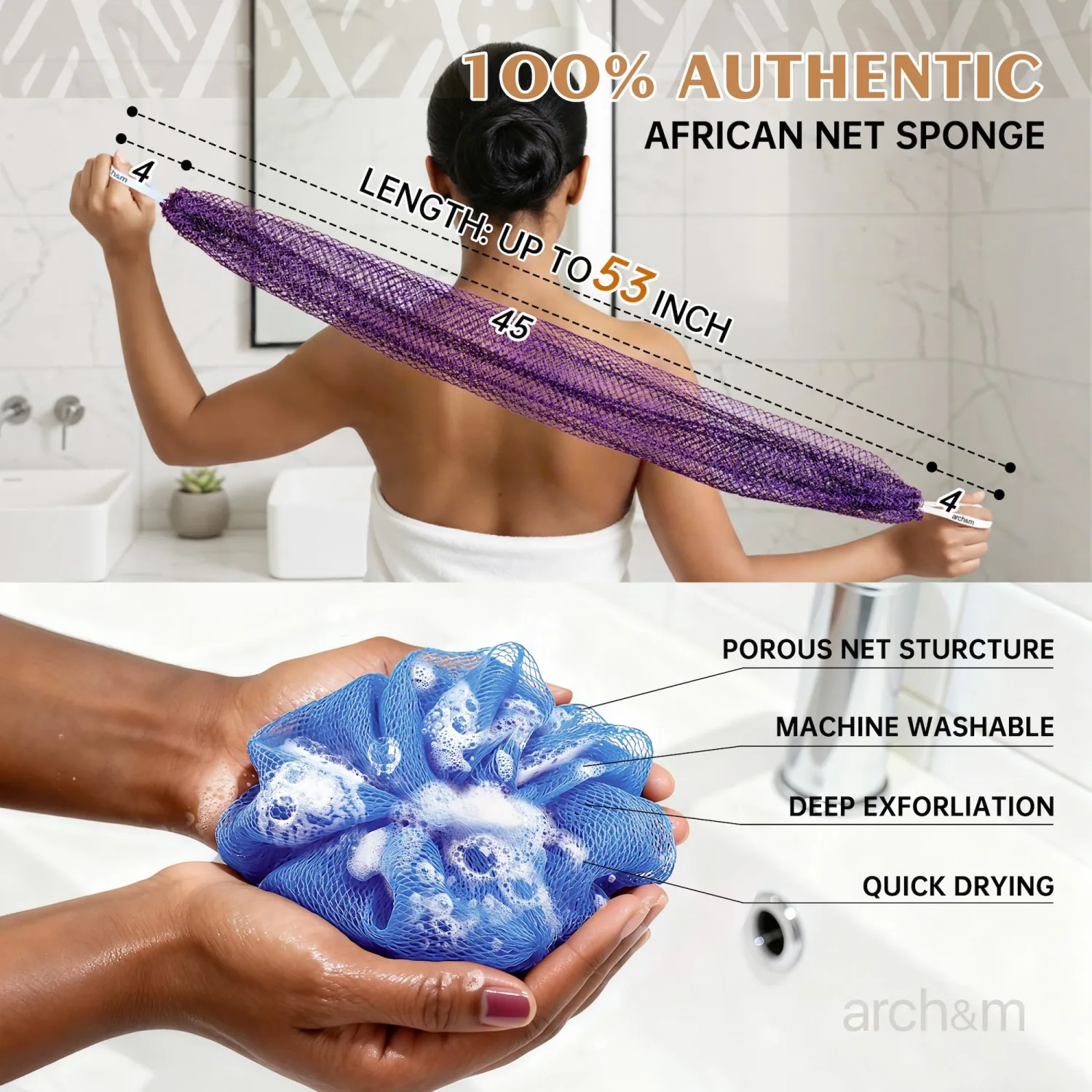 ARCH&M African Net Sponge Authentic - Exfoliating Body Scrub Bath Sponge Back Scrubber Washcloth for Shower Daily Use Travel Toiletry Bag Real Afroscrub Exfoliator Skin Care Bathing Accessories