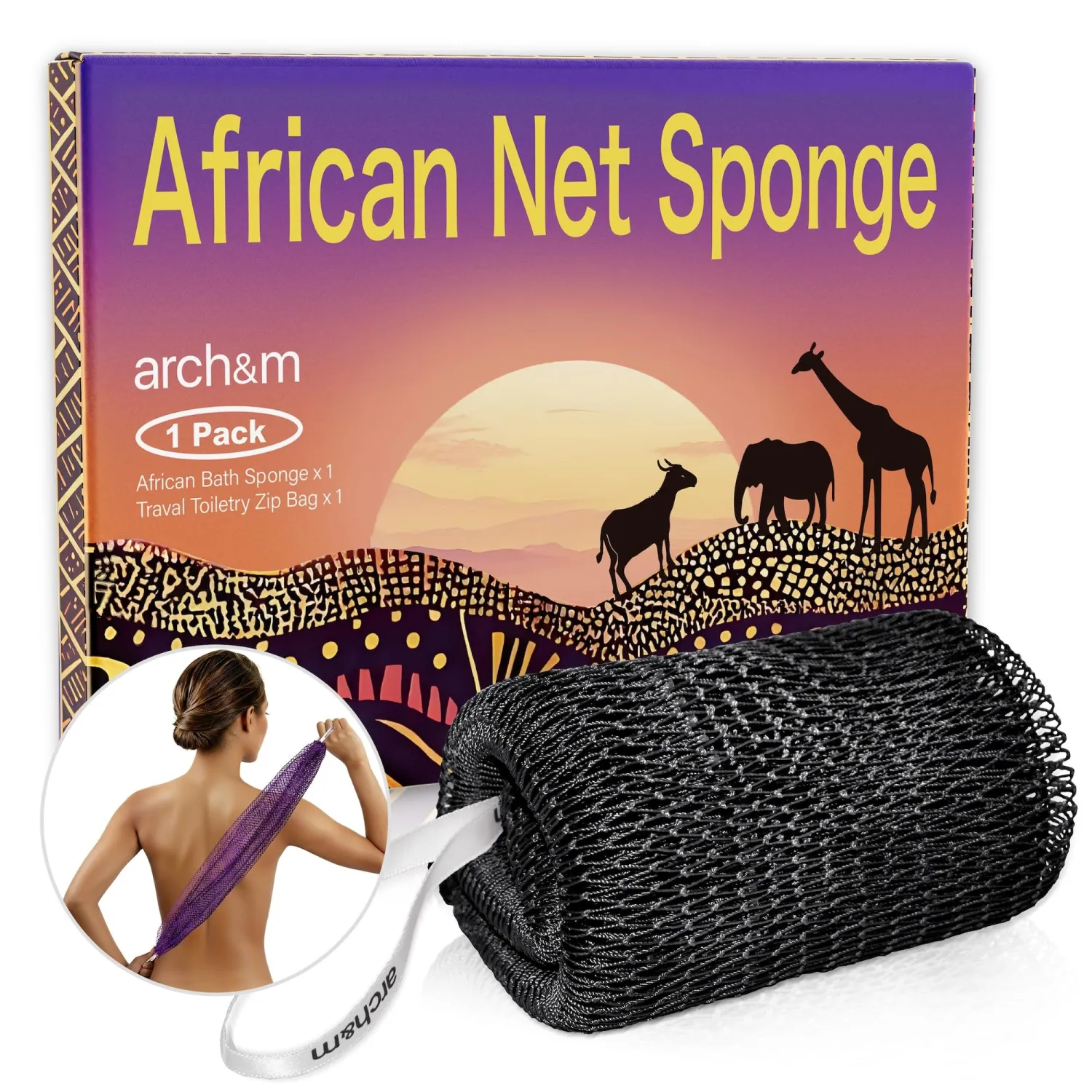 ARCH&M African Exfoliating Net Sponge - 53" Extra-Long Loofah Exfoliating Bath Sponge, Quick-Dry Mesh Body Scrubber for Women and Men Daily Use Body Care, Gentle for Sensitive Skin, Travel Spa Gifts