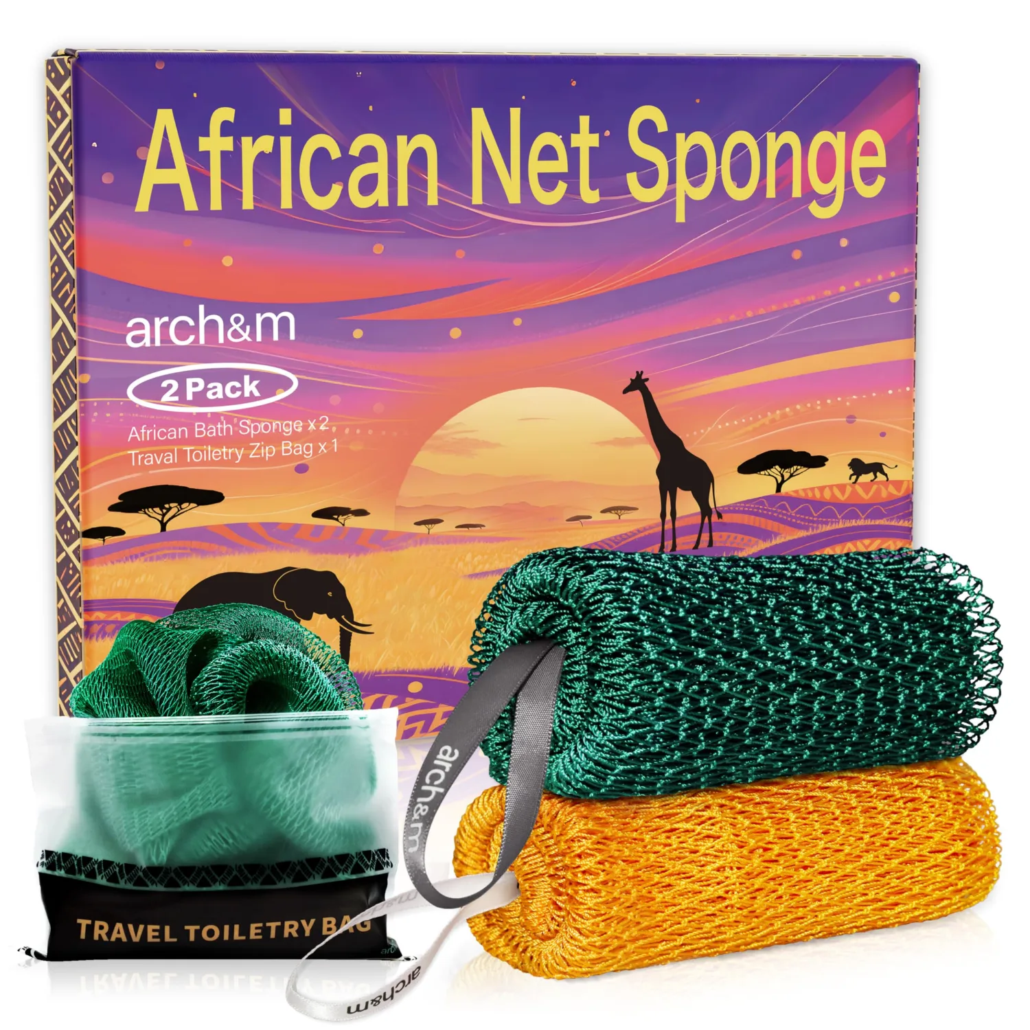 ARCH&M Authentic African Net Sponge 2 Pack – 53" Extra-Long Back Scrubber, Quick-Dry Exfoliating Shower Mesh Loofah Body Scrubber for Women and Men, Gentle for Sensitive Skin, Travel & Daily Use