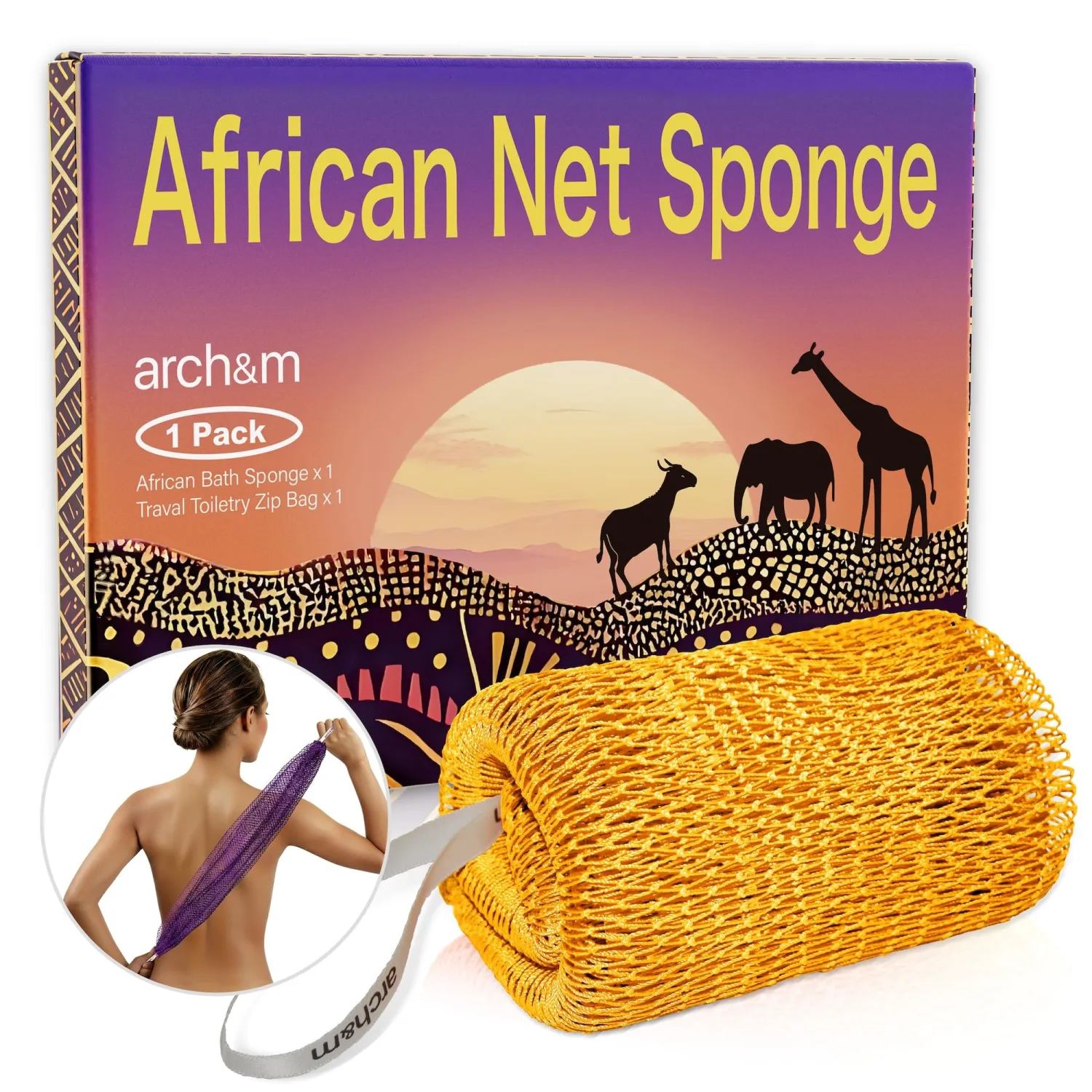 ARCH&M African Net Loofah Sponge - 53" Extra-Long Body Scrubber for Women and Men Daily Use Body Care, Shower Loofah Exfoliating Bath Sponge, Travel Portable Bath Accessories Gifts