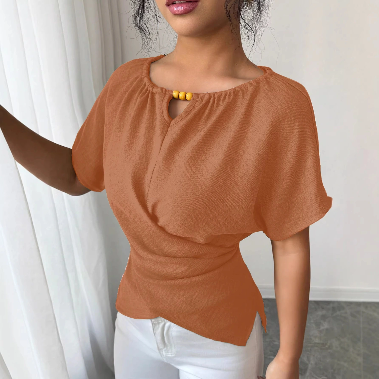 Slim-fit Solid-color Crossover Casual Chic Top
