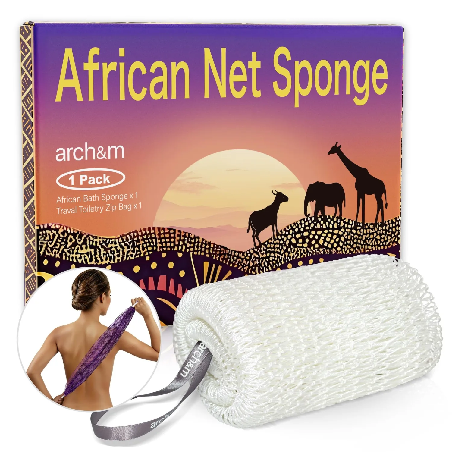 ARCH&M African Net Sponge Afro Scrub - 53" Long Exfoliating Back Scrubber, Quick-Dry Shower Loofah Body Sponge for Women and Men, Gentle on Sensitive Skin, Durable Mesh for Travel & Home