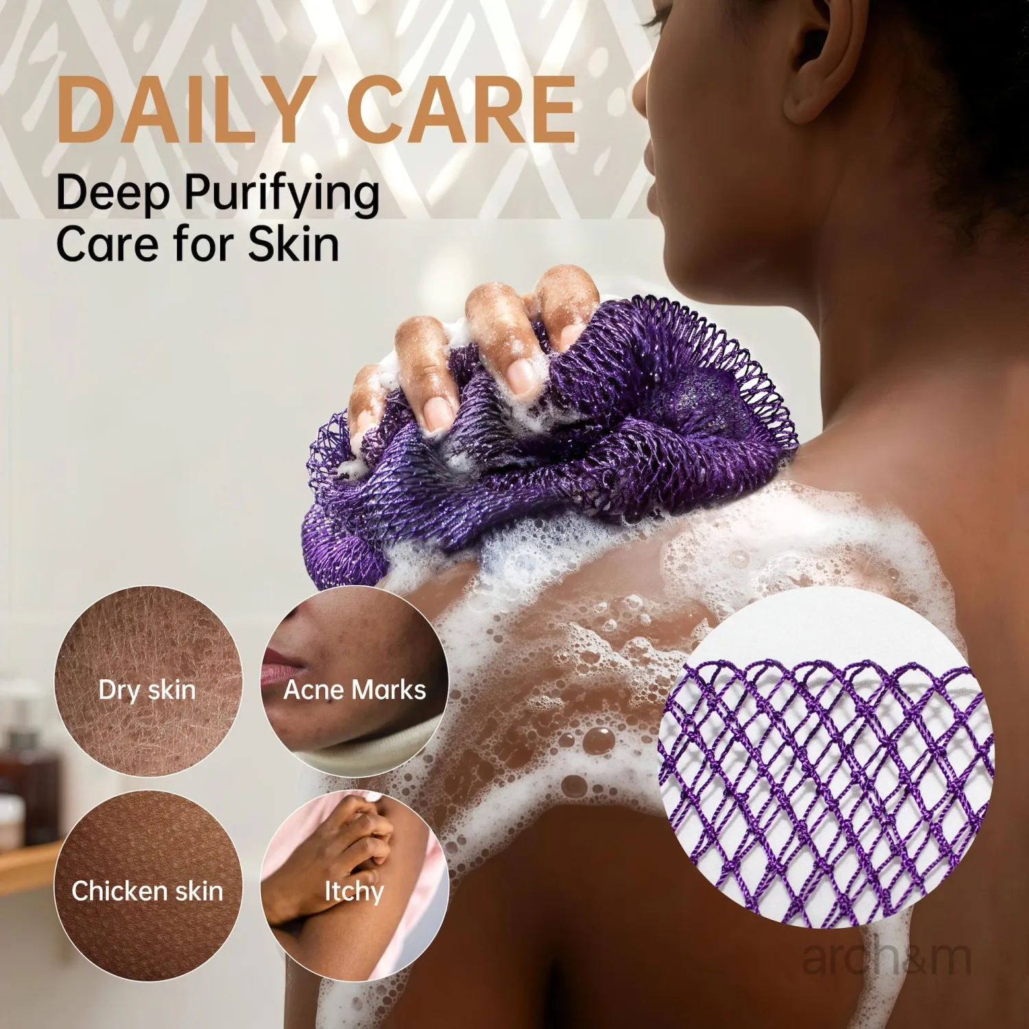 ARCH&M Authentic African Net Sponge - Extra-Long 53" Back Scrubber, Quick-Dry Exfoliating Shower Loofah for Women and Men Daily Use, Soft Mesh for Sensitive Skin, Travel-Friendly Bath Accessories Gift