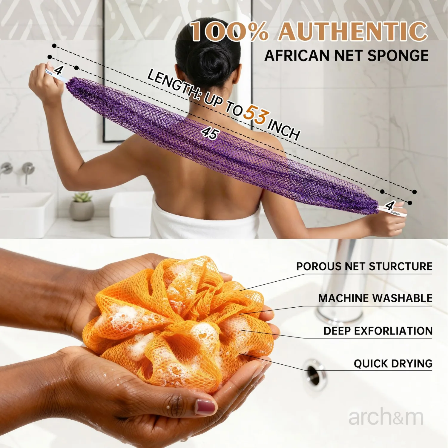 ARCH&M Authentic African Net Sponge - Extra-Long 53" Back Scrubber, Quick-Dry Exfoliating Shower Loofah for Women and Men Daily Use, Soft Mesh for Sensitive Skin, Travel-Friendly Bath Accessories Gift