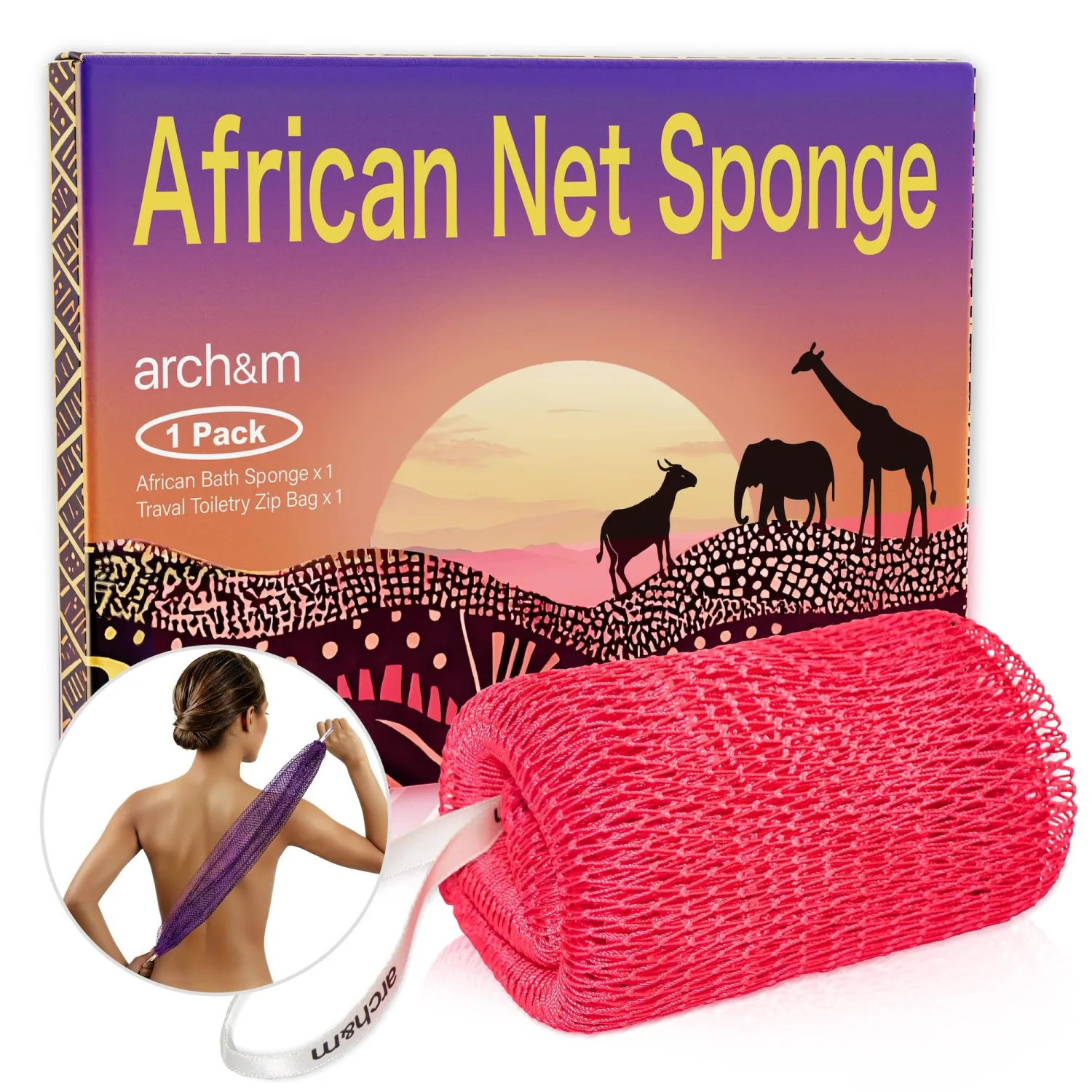 ARCH&M Authentic African Net Sponge - Extra-Long 53" Back Scrubber, Quick-Dry Exfoliating Shower Loofah for Women and Men Daily Use, Soft Mesh for Sensitive Skin, Travel-Friendly Bath Accessories Gift