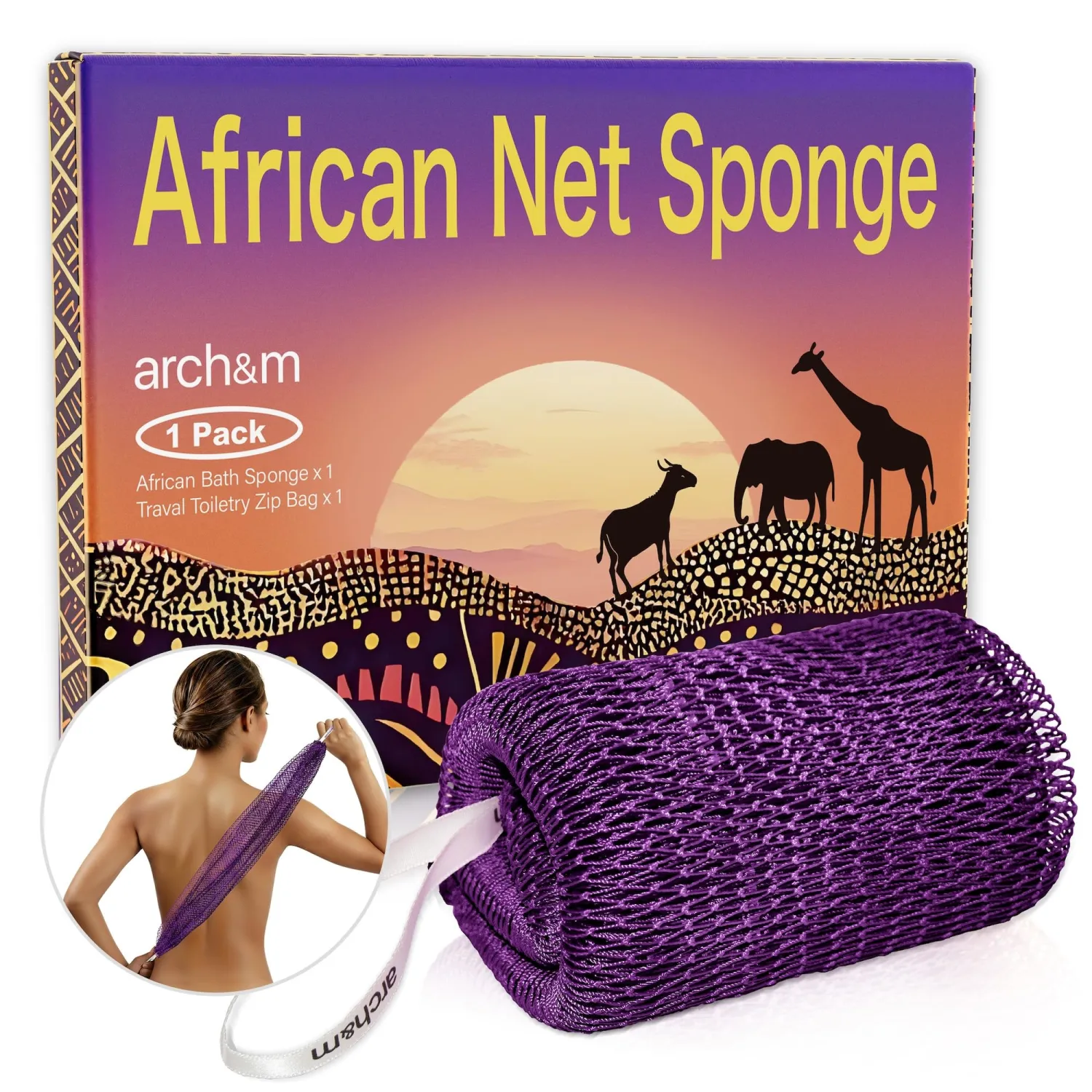 ARCH&M African Net Sponge Authentic - Exfoliating Shower Bath Loofah, 53" Long Back Scrubber, Quick-Dry Mesh Body Scrubber for Women and Men, Daily Use Body Care, Travel Portable Bath Accessories Gift