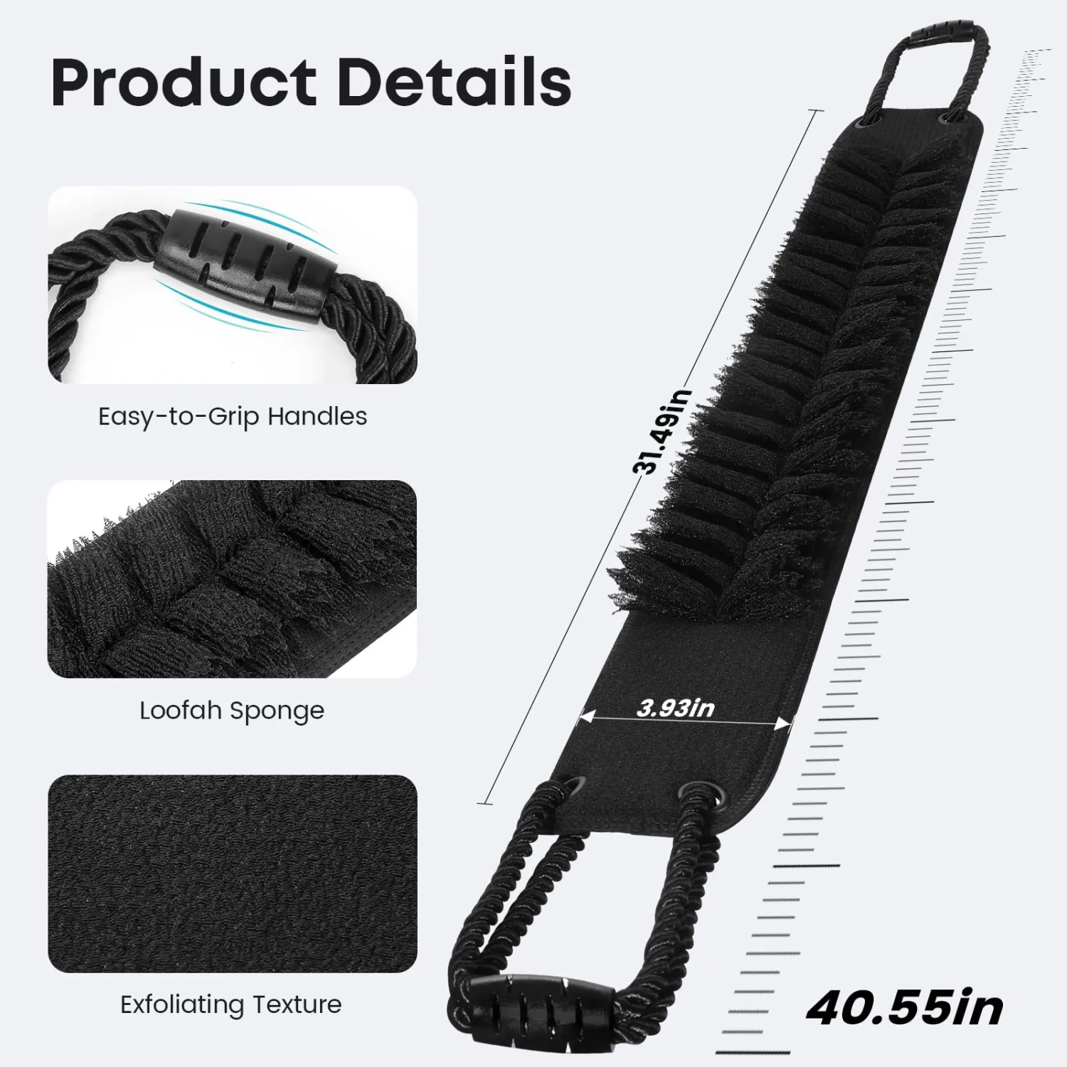 Back Scrubber with Handles for Shower, 40 Inches Dual-Sided Back Washer with Exfoliating Texture and Loofah for Men, Women and Elderly, Bath Back Exfoliator Body Cleaner for Deep Cleansing