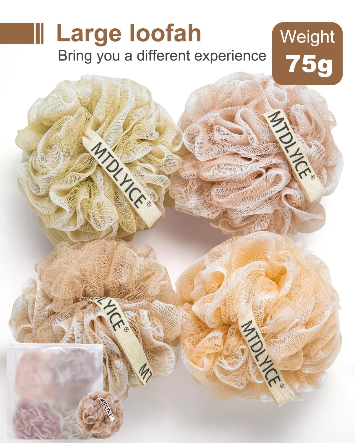 Loofah Sponge, XL Large Loofah 75g 4 Pack, Bath Sponge Soft Mesh Shower, Body Scrubber, Loofah for Men, Bath Accessories Body wash Foaming (Beige)