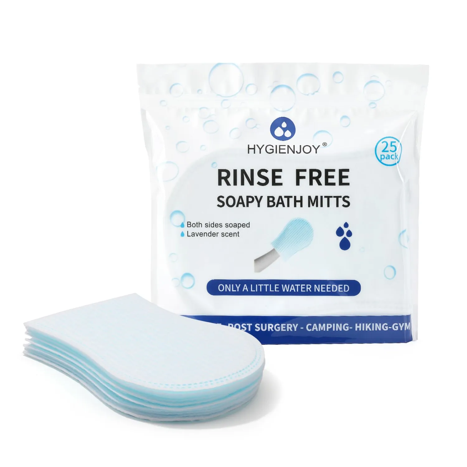 HYGIENJOY- Rinse Free Bath Sponges Mitten-Shaped,Body Wipes Pre-soaped & Dry,Body wipes for adults bathing no rinse,for Nursing The Elderly, Injured,for Adult Traveling, Camping (25 Pack)