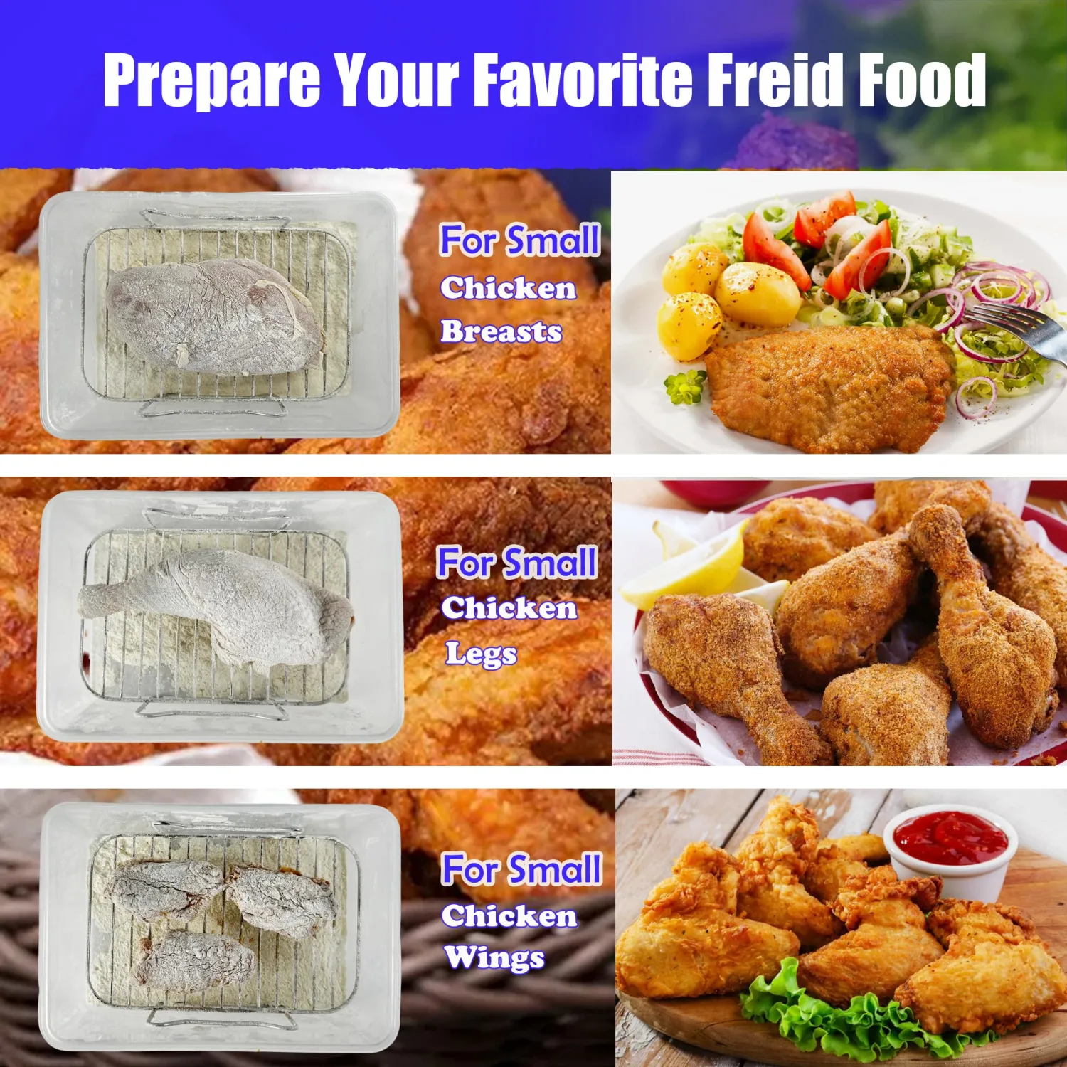 Batter Bowl, Breading Bowl with Lid Flour Shaker for Seasoning Fried Chicken, Fish, Shrimp, Just Flip (Blue)