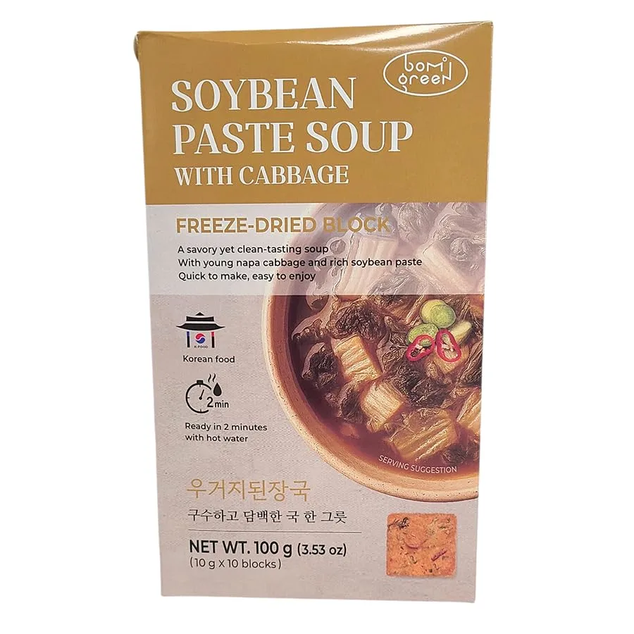 Bom Green Soybean Paste Soup with Cabbage, Freeze-Dried Block, Korean Food, Ready in 2 Minutes, 3.53 oz, 10 Count