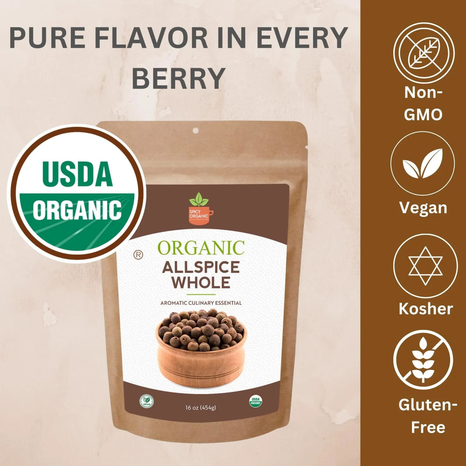 SPICY ORGANIC Pure Organic Allspice Berries Whole 8 oz. – Certified USDA Organic - Premium Pimento Seeds and Peppers for Baked Goods, Pickles, Marinades, Stews, and Sauces.