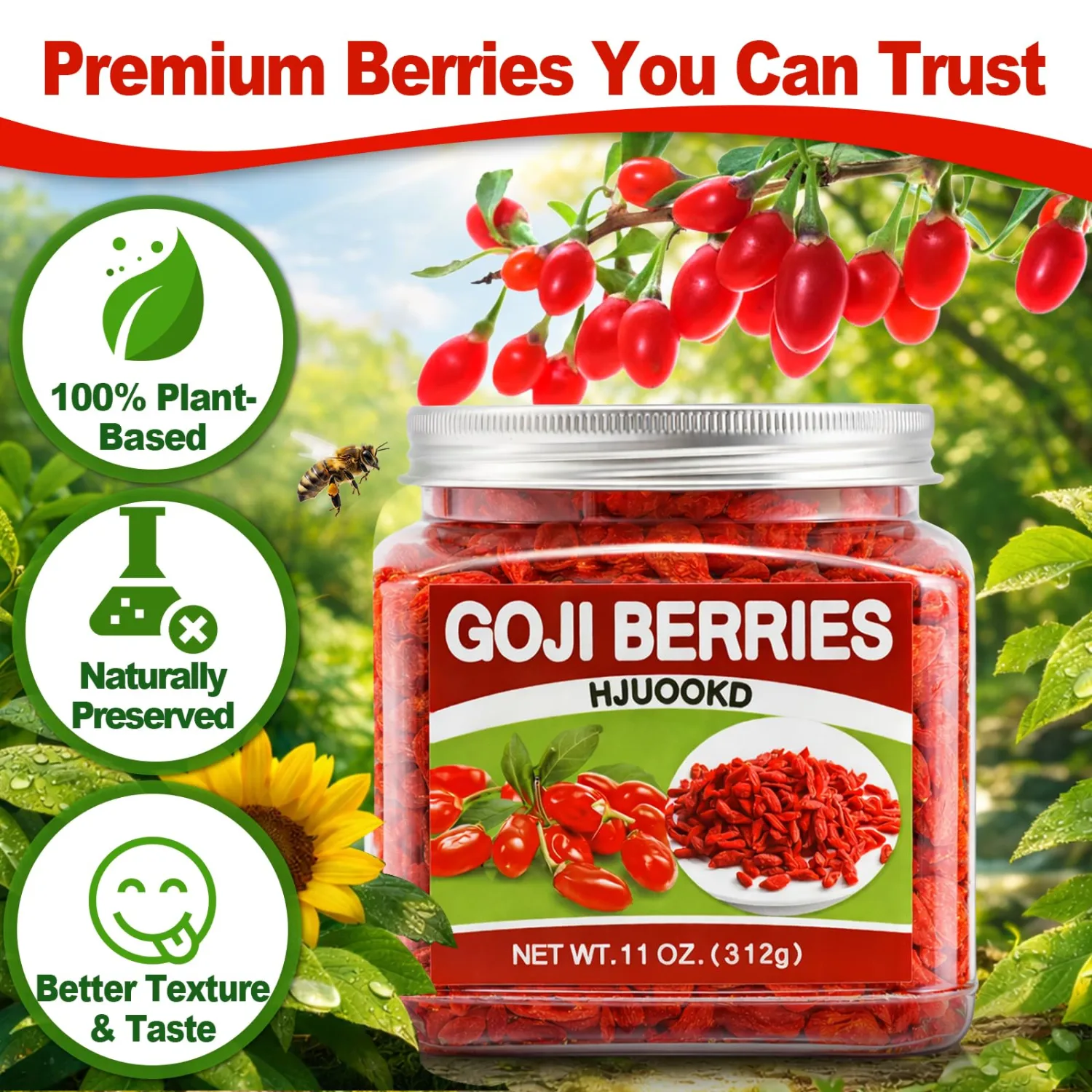 11oz Dried Goji Berries - 100% Natural Large Berries, Sun-Dried & Handpicked, Vegan Wolfberry - Perfect for Tea, Oatmeal, Yogurt, Baking, Smoothies, Snacks & More