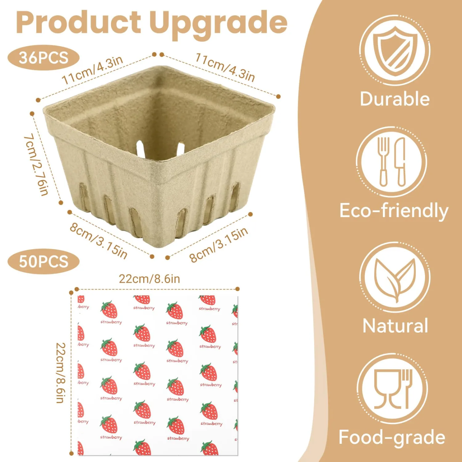36 Pcs Natural Pulp Fiber Berry Basket with 50 Sheets of Wax Paper, Molded Ventilated Produce Baskets for Strawberry Blueberry Vegetable and Snack, for Fruit Picking, Farmers Market, Backyard Party
