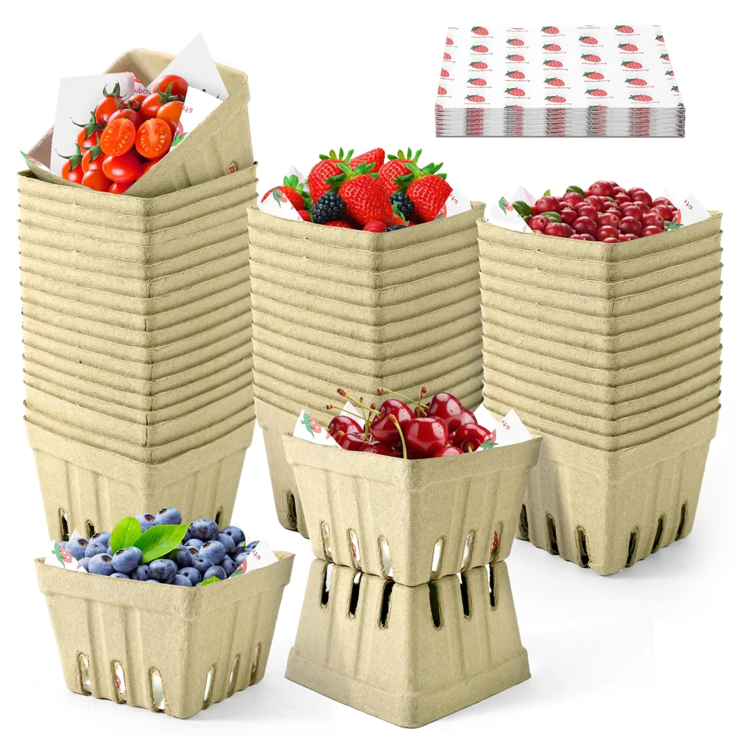 36 Pcs Natural Pulp Fiber Berry Basket with 50 Sheets of Wax Paper, Molded Ventilated Produce Baskets for Strawberry Blueberry Vegetable and Snack, for Fruit Picking, Farmers Market, Backyard Party