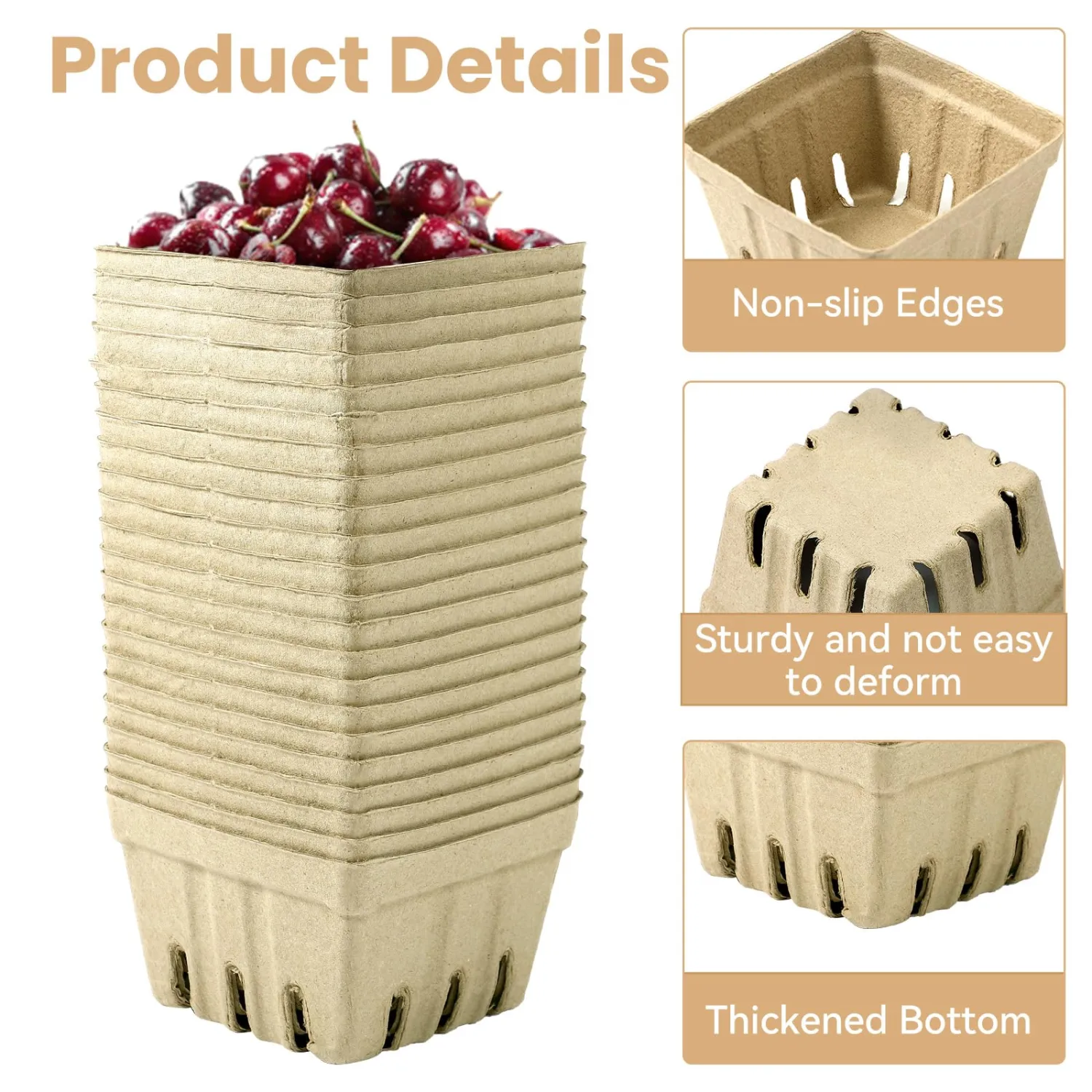 36 Pcs Natural Pulp Fiber Berry Basket with 50 Sheets of Wax Paper, Molded Ventilated Produce Baskets for Strawberry Blueberry Vegetable and Snack, for Fruit Picking, Farmers Market, Backyard Party