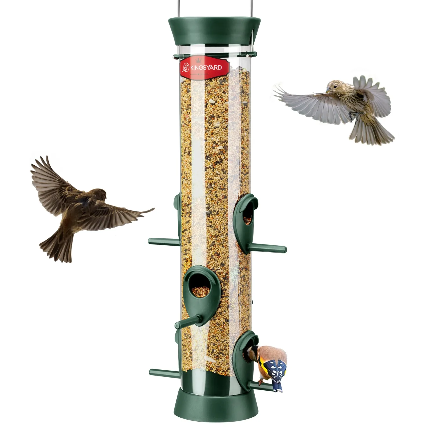 Kingsyard Tube Bird Feeders for Outdoors Hanging, Wild Bird Feeder with 6 Feeding Ports, Easy to Clean & Refill, 2 lbs Seed Capacity, Great for Attracting Finches, Cardinals (Green)