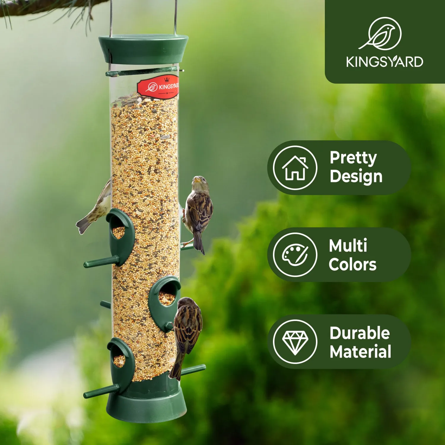 Kingsyard Tube Bird Feeders for Outdoors Hanging, Wild Bird Feeder with 6 Feeding Ports, Easy to Clean & Refill, 2 lbs Seed Capacity, Great for Attracting Finches, Cardinals (Green)