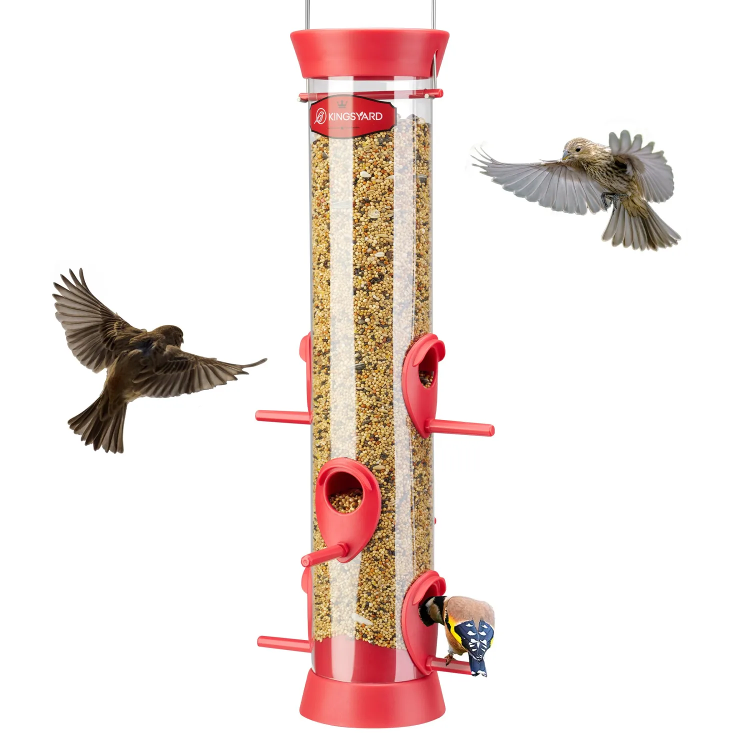 Kingsyard Tube Bird Feeders for Outdoors Hanging, Wild Bird Feeder with 6 Feeding Ports, Easy to Clean & Refill, 2 lbs Seed Capacity, Great for Attracting Finches, Cardinals (Red)