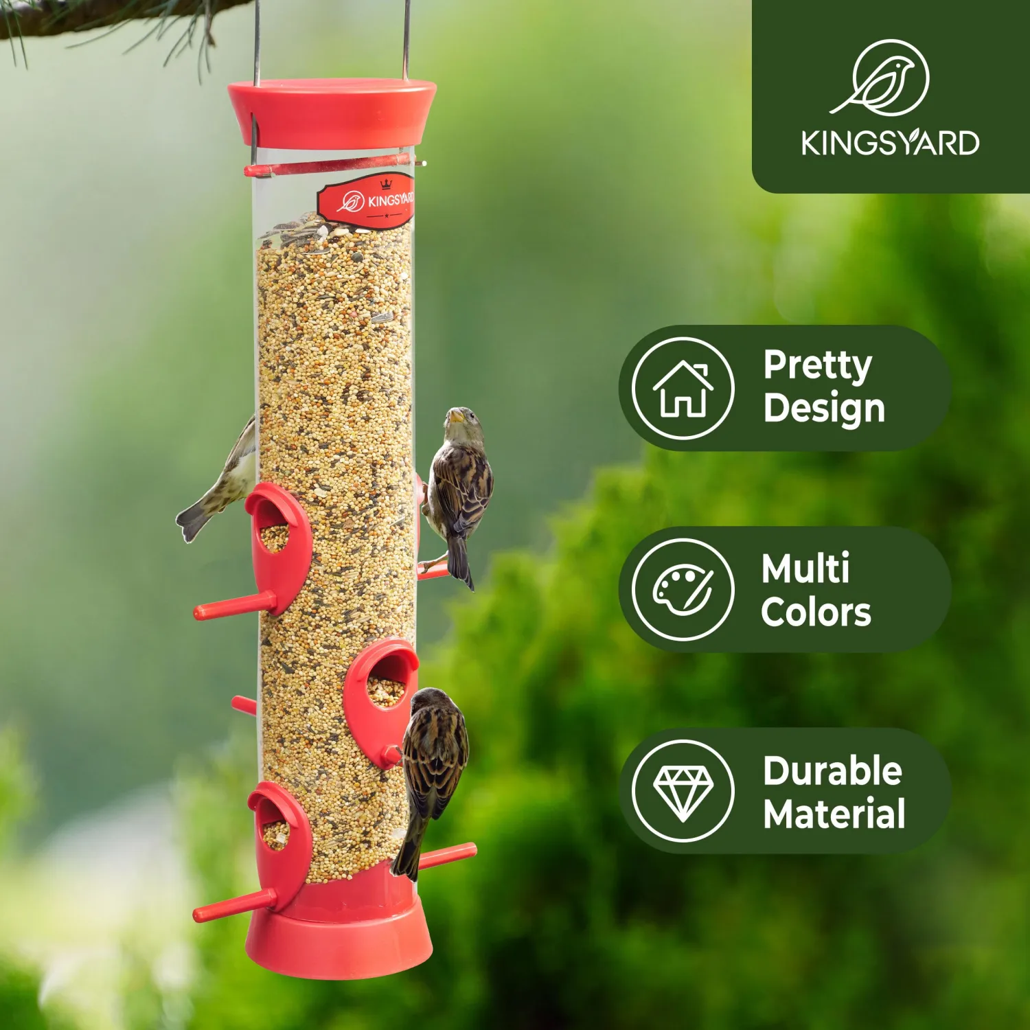 Kingsyard Tube Bird Feeders for Outdoors Hanging, Wild Bird Feeder with 6 Feeding Ports, Easy to Clean & Refill, 2 lbs Seed Capacity, Great for Attracting Finches, Cardinals (Red)