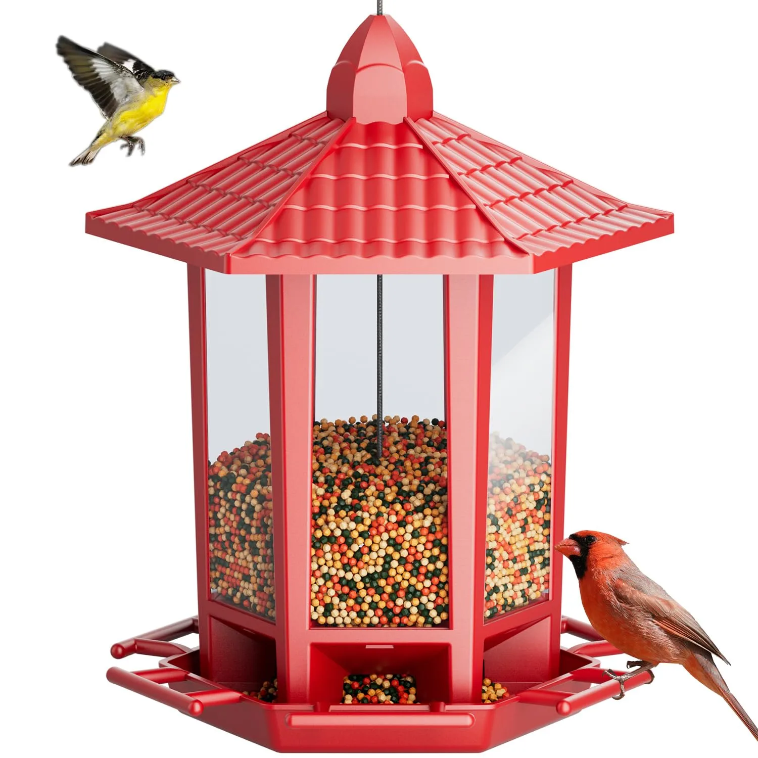 Birdream Bird Feeders for Outdoor Hanging, Fun Installation Pagoda Design Wild Birdfeeder, Attracting Wild Birds Sparrows Finch Cardinal Goldfinch Chickadee - Red