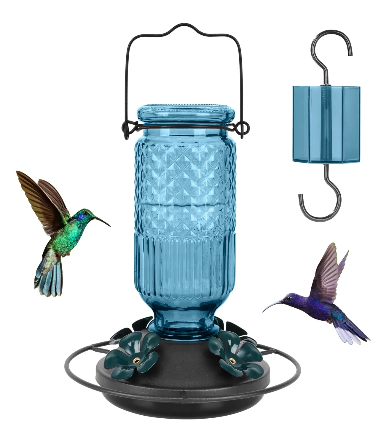 FEED GARDEN Glass Hummingbird Feeder for Outdoors Hanging, 16 OZ Humming Birds Feeders with 4 Bee Guard Feeding Ports & Built-in Ant Moat, Hummingbird Gifts for Mom, Bird Feeder for Outside, Blue