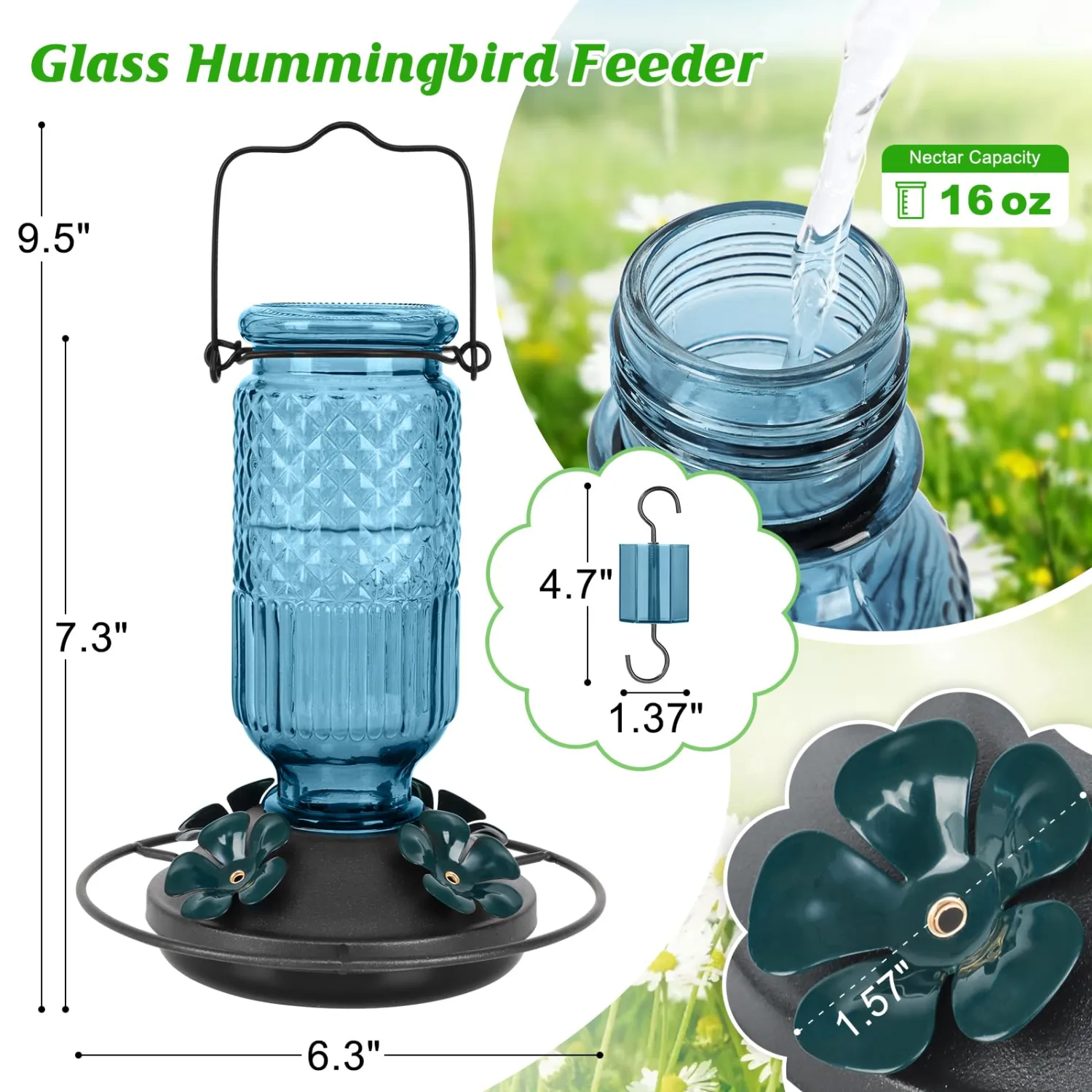 FEED GARDEN Glass Hummingbird Feeder for Outdoors Hanging, 16 OZ Humming Birds Feeders with 4 Bee Guard Feeding Ports & Built-in Ant Moat, Hummingbird Gifts for Mom, Bird Feeder for Outside, Blue