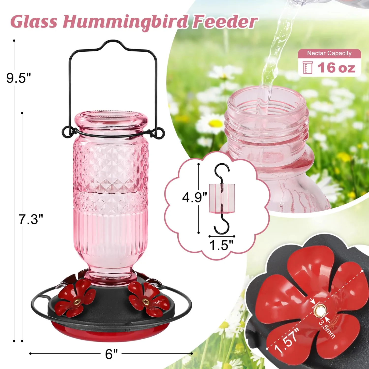 FEED GARDEN Glass Hummingbird Feeders for Outdoors, 16 OZ Pink Hummingbird Feeder with 4 Bee Guard Feeding Ports & Built-in Ant Moat, Humming Bird Feeder, Gifts for Women Mom,1 Pack
