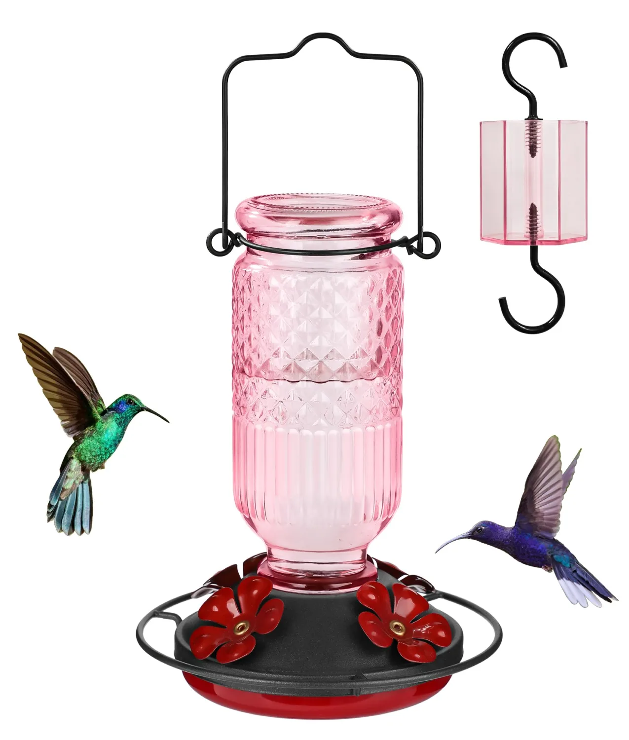 FEED GARDEN Glass Hummingbird Feeders for Outdoors, 16 OZ Pink Hummingbird Feeder with 4 Bee Guard Feeding Ports & Built-in Ant Moat, Humming Bird Feeder, Gifts for Women Mom,1 Pack