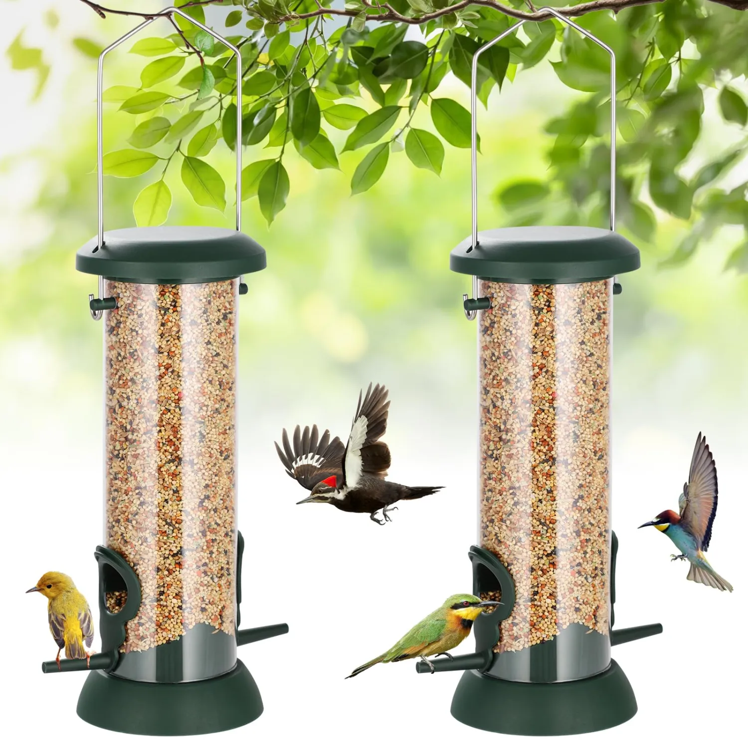 FEED GARDEN 2 Pack Tube Bird Feeders for Outdoors Hanging, Premium Hard Plastic Wild Bird Feeders with 2 Ports, Small Bird Feeder Easy-Refill&Clean, Gifts for Mom Woman, 8.5 Inch Green