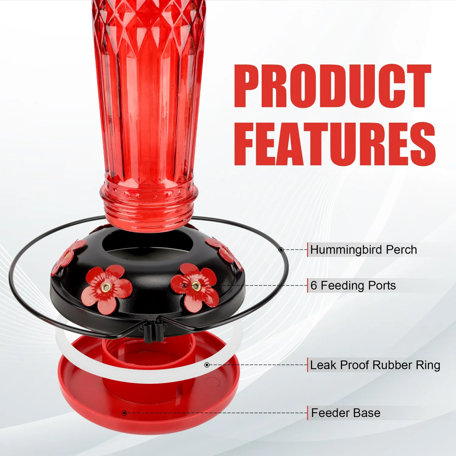 Hummingbird Feeder-16 Ounces,6 Feeding Ports Glass Hummingbird feeders for Outdoors,Wide Mouth for Easy Filling/Cleaning,Hanging for Garden Backyard Decor, Includes Ant Moat (Red,1Pack)