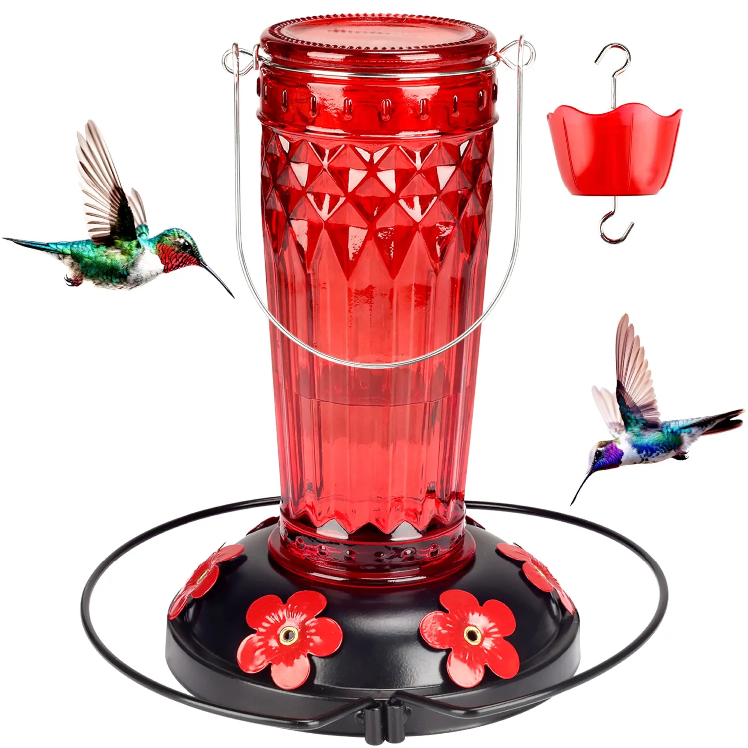 Hummingbird Feeder-16 Ounces,6 Feeding Ports Glass Hummingbird feeders for Outdoors,Wide Mouth for Easy Filling/Cleaning,Hanging for Garden Backyard Decor, Includes Ant Moat (Red,1Pack)