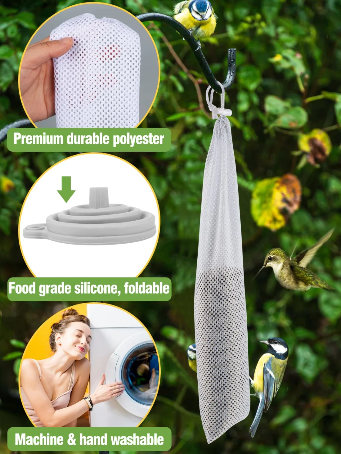6 Pcs Finch Sock Feeder for Outdoor - Durable Thistle Seed Feeder Sacks with Food Grade Funnels, Bird Food Supply Tools for Garden Yard Wild Finch Feeding (3.9" x 15.7", White)