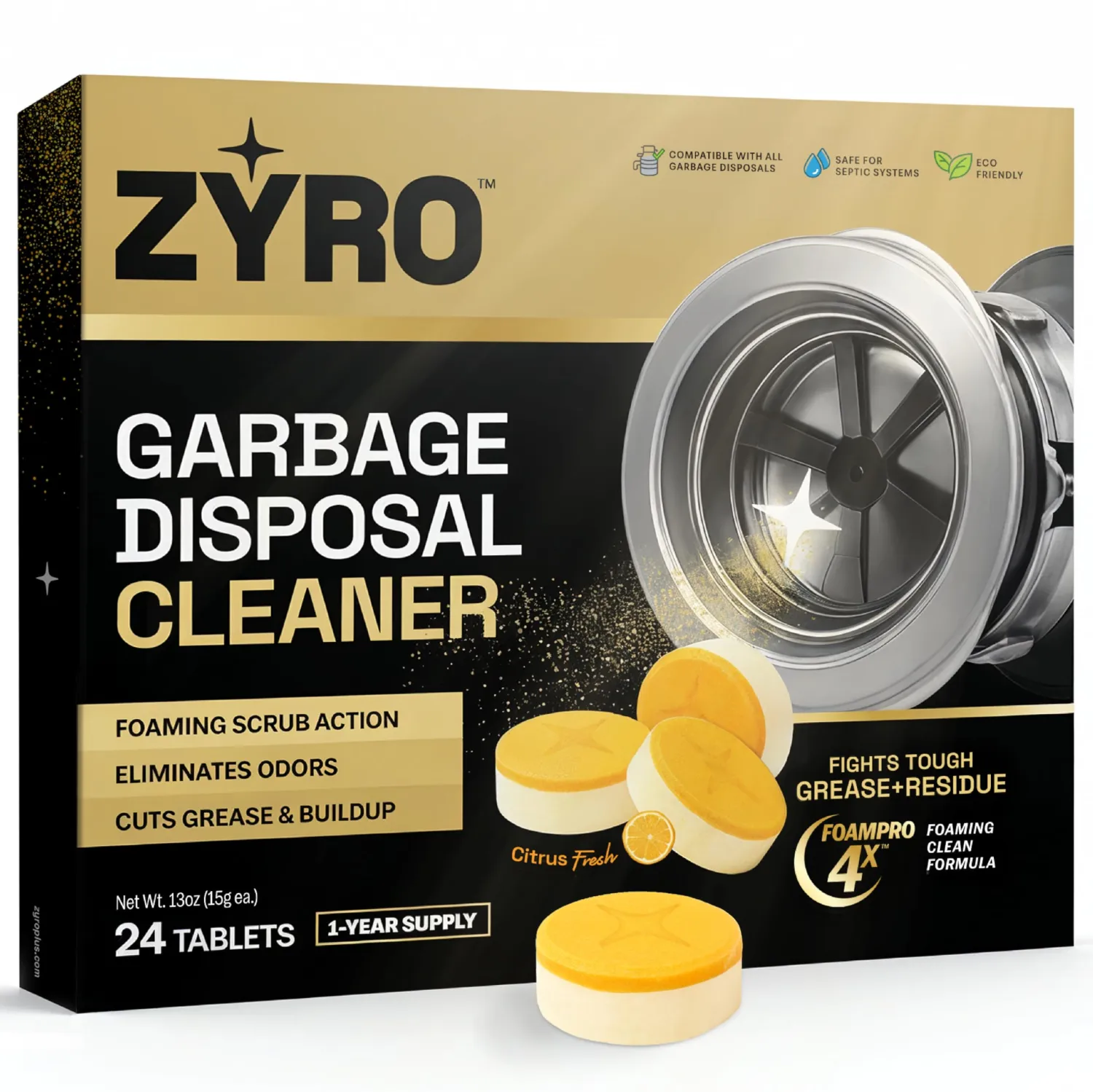 Garbage Disposal Cleaner and Deodorizer | 24 Pack | Kitchen Sink Cleaner Tablets | Eliminates Odor | Fights Grease & Buildup | Foaming Scrub Action | Citrus Fresh | 1 Year Supply | Zyro