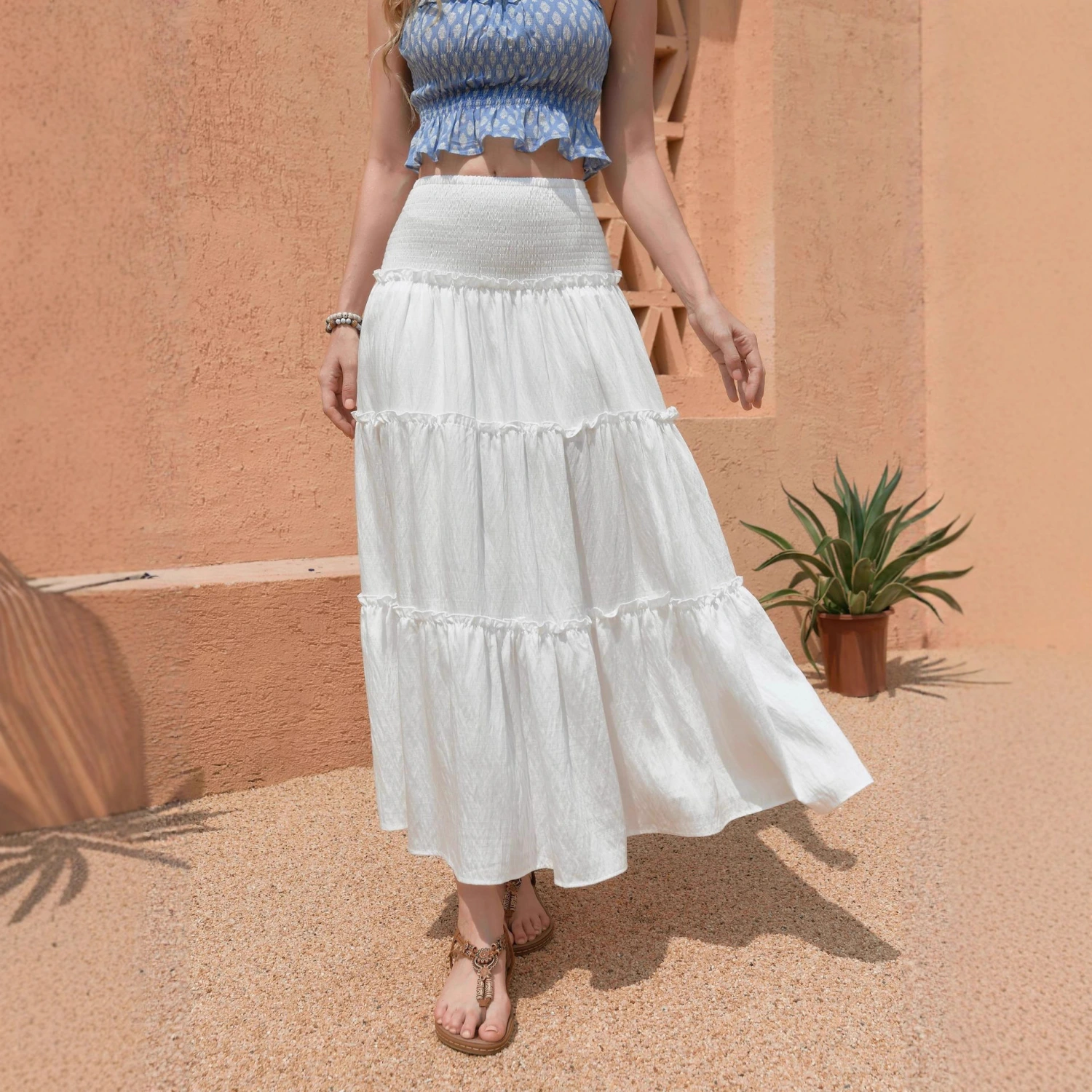 Three Tier Ruffled Cotton Linen Maxi Dress
