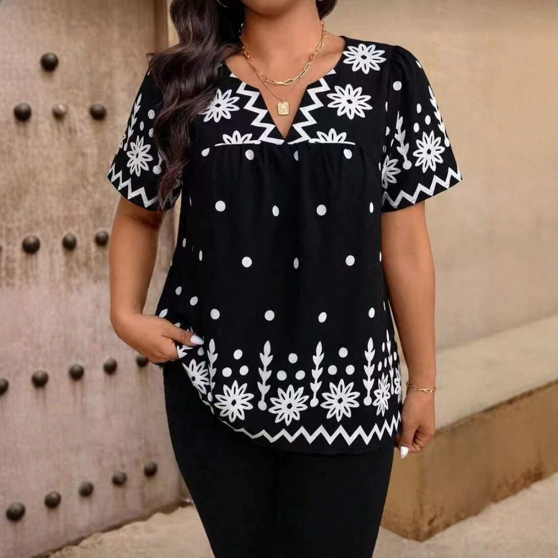 Loose-fitting Figure-flattering Polka Dot Floral Print Top